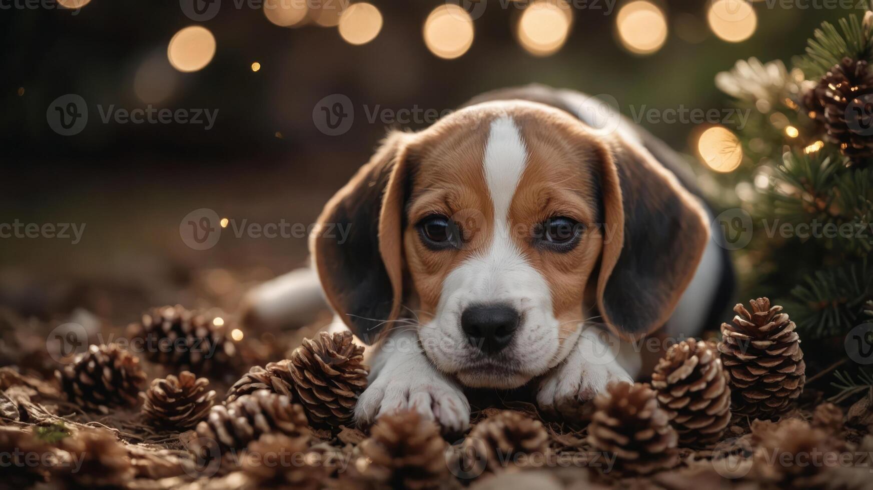 A beagle puppy resting among pinecones with a warm, festive background. photo