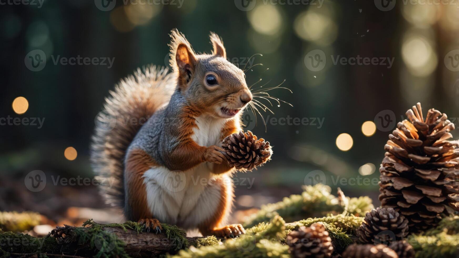 A squirrel holding a pine cone in a serene forest setting, surrounded by pine cones and greenery. photo
