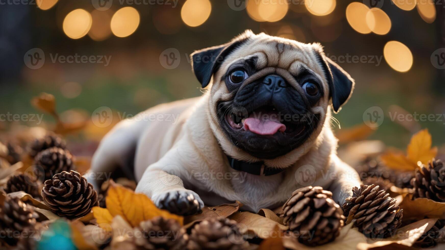 A playful pug lying among pine cones and autumn leaves, smiling in a warm, cozy setting. photo