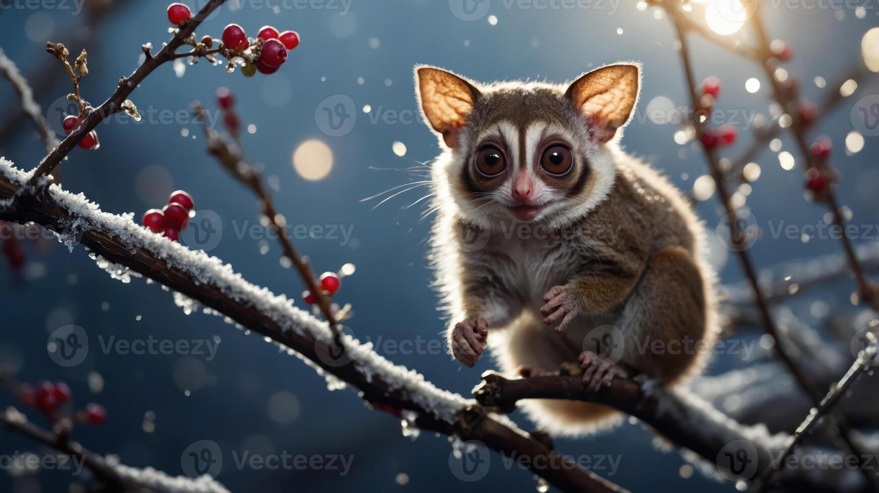A cute animal perched on a snowy branch with red berries in a serene winter setting. photo