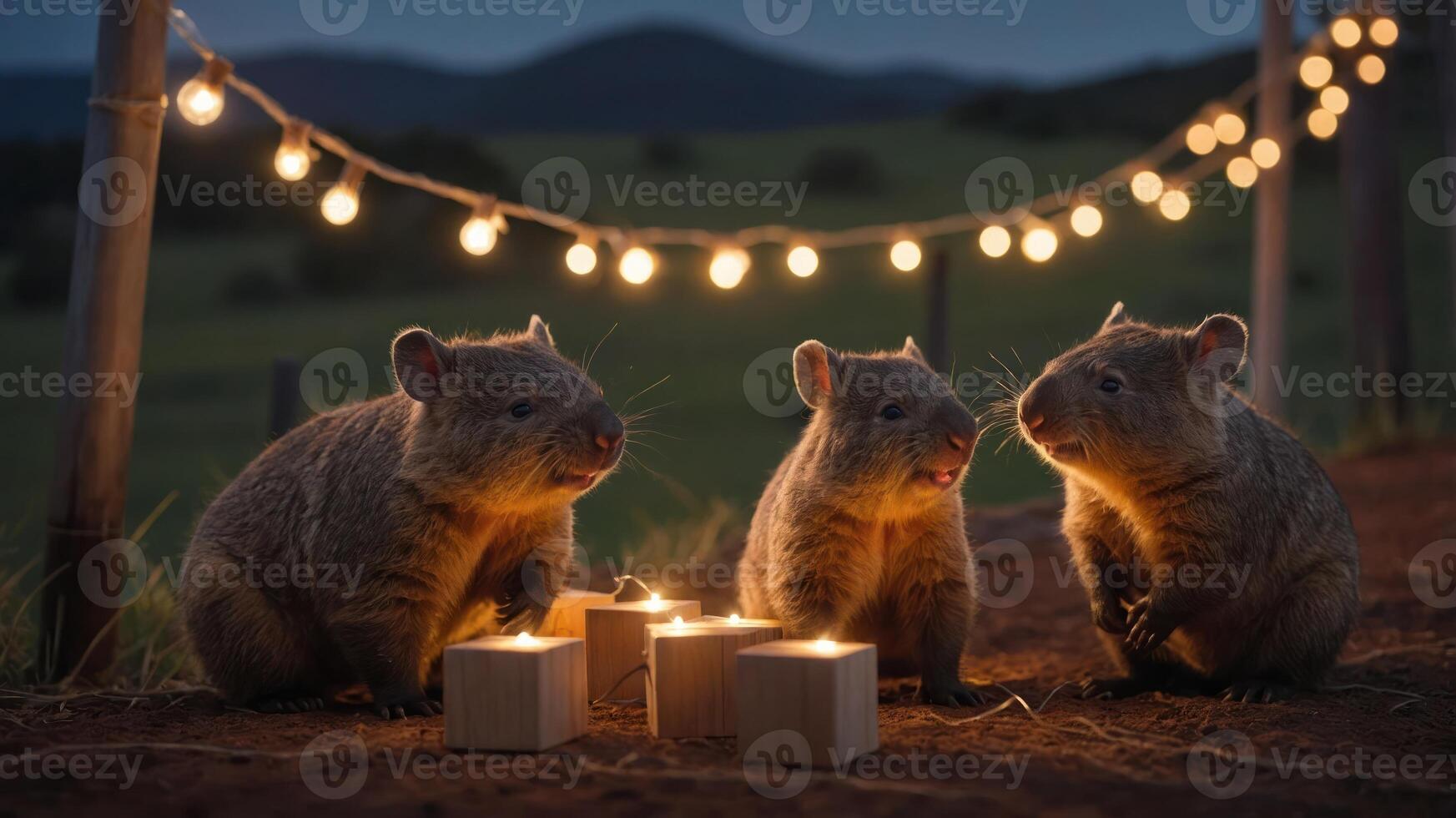 Three wombats gathered around glowing candles with string lights in a serene outdoor setting. photo