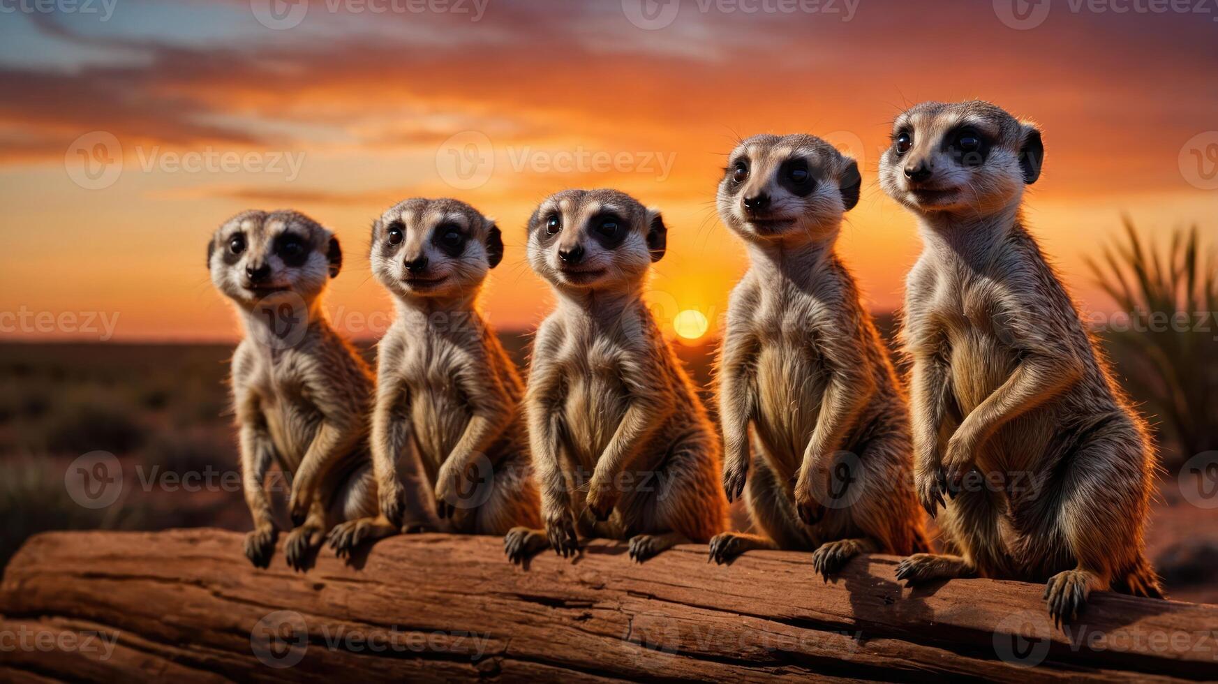 A group of five meerkats sitting on a log during a vibrant sunset. photo