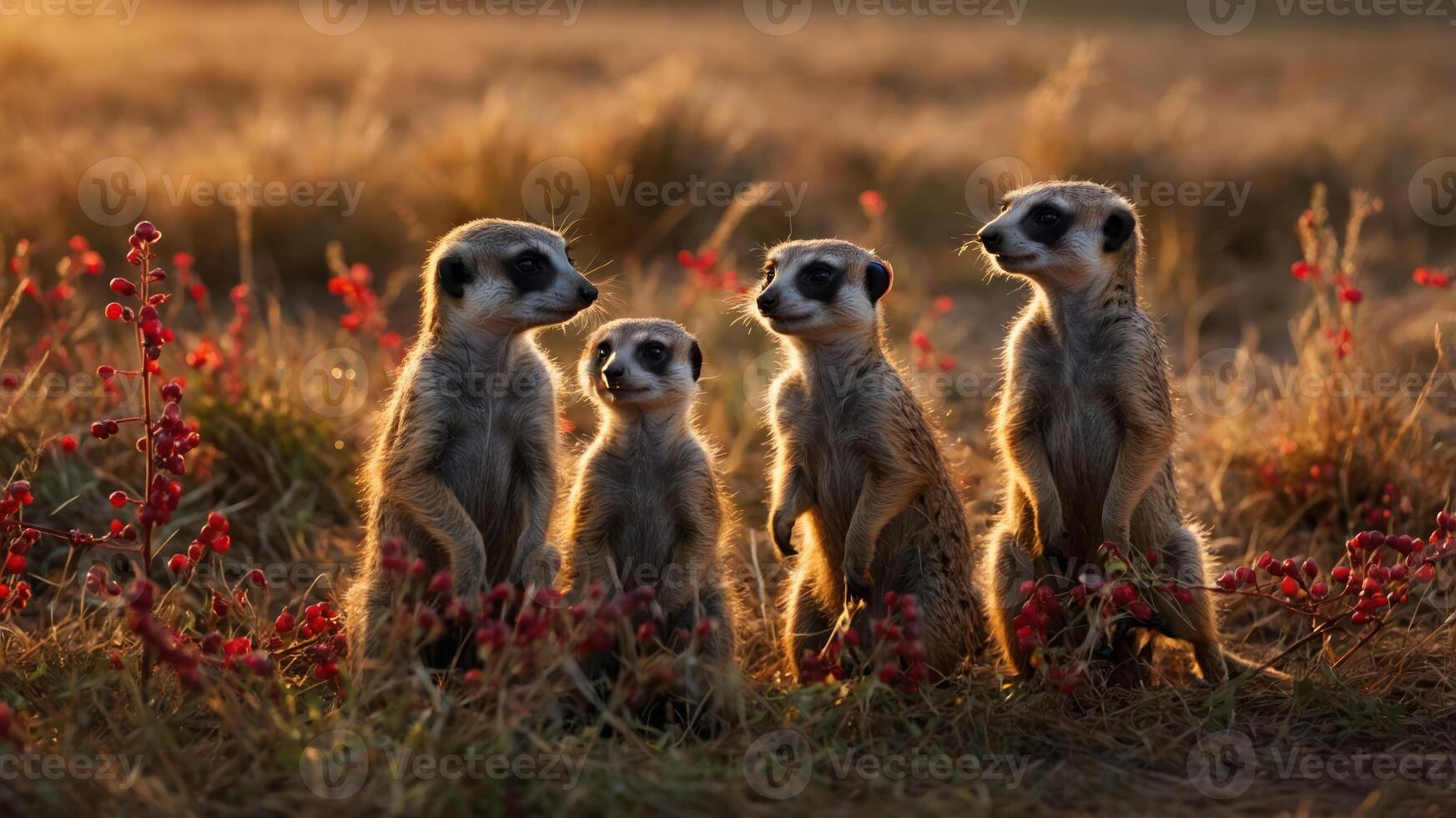 A group of four meerkats standing in a field during sunset, surrounded by flowers. photo