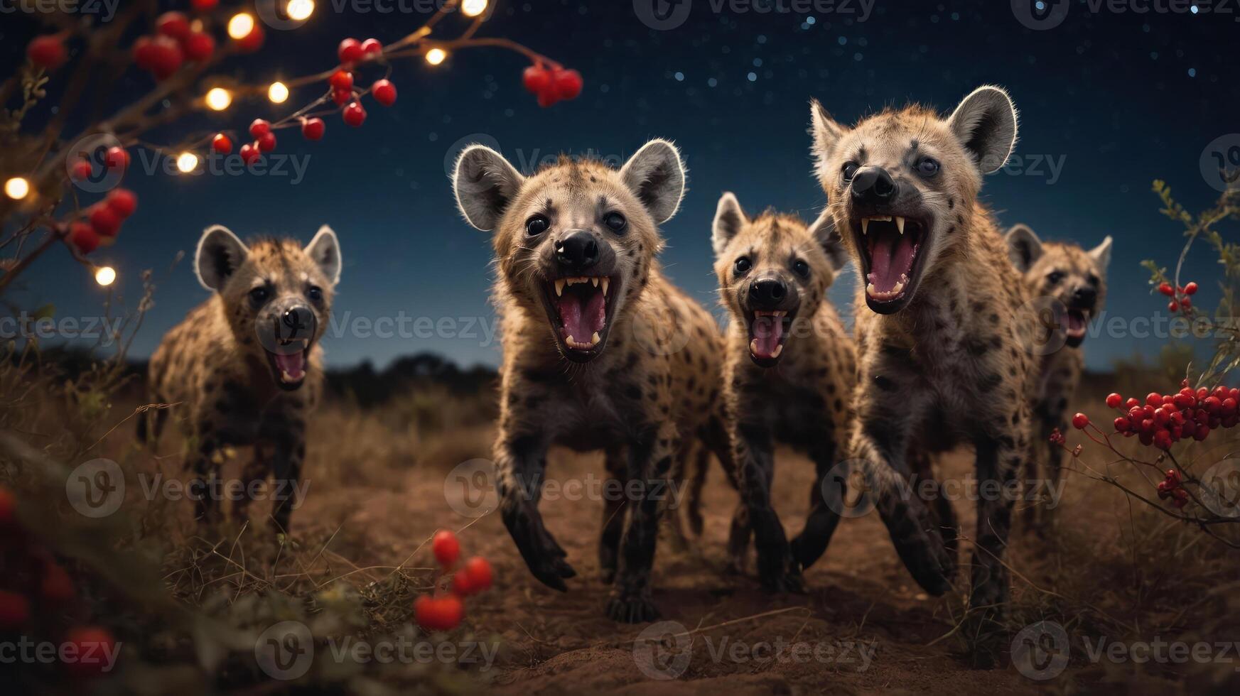 A group of hyenas approaches at night, illuminated by soft lights and a starry sky. photo
