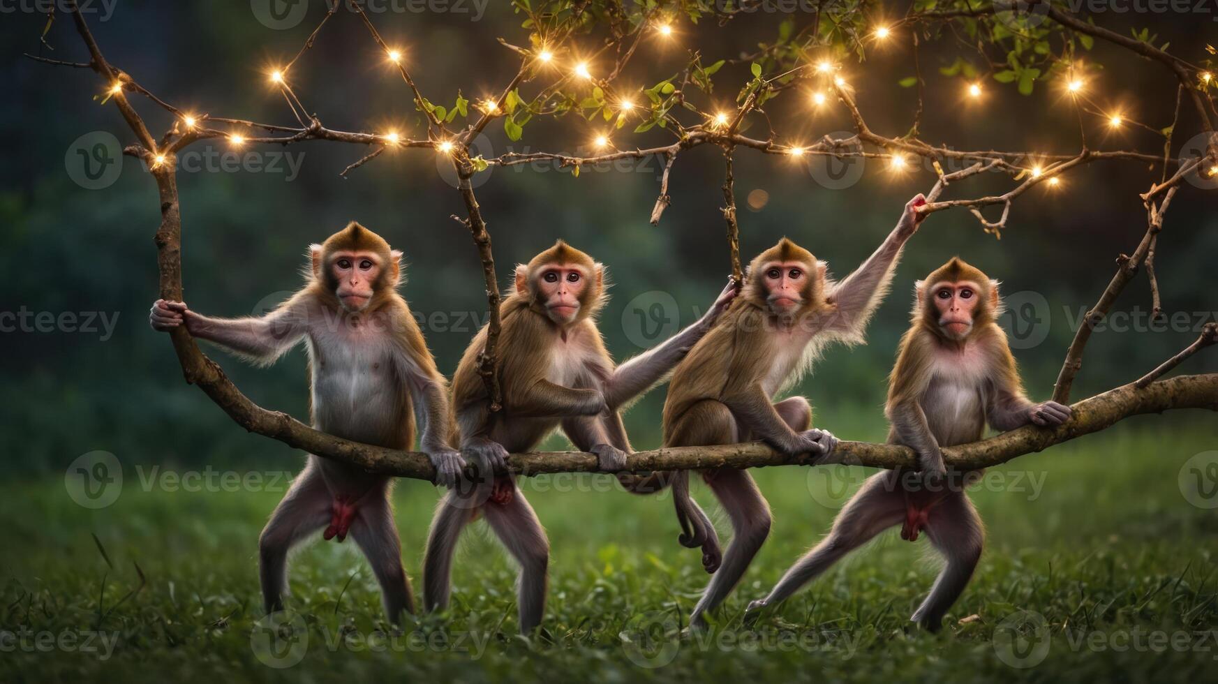 Four monkeys playfully hanging on a branch adorned with lights in a natural setting. photo