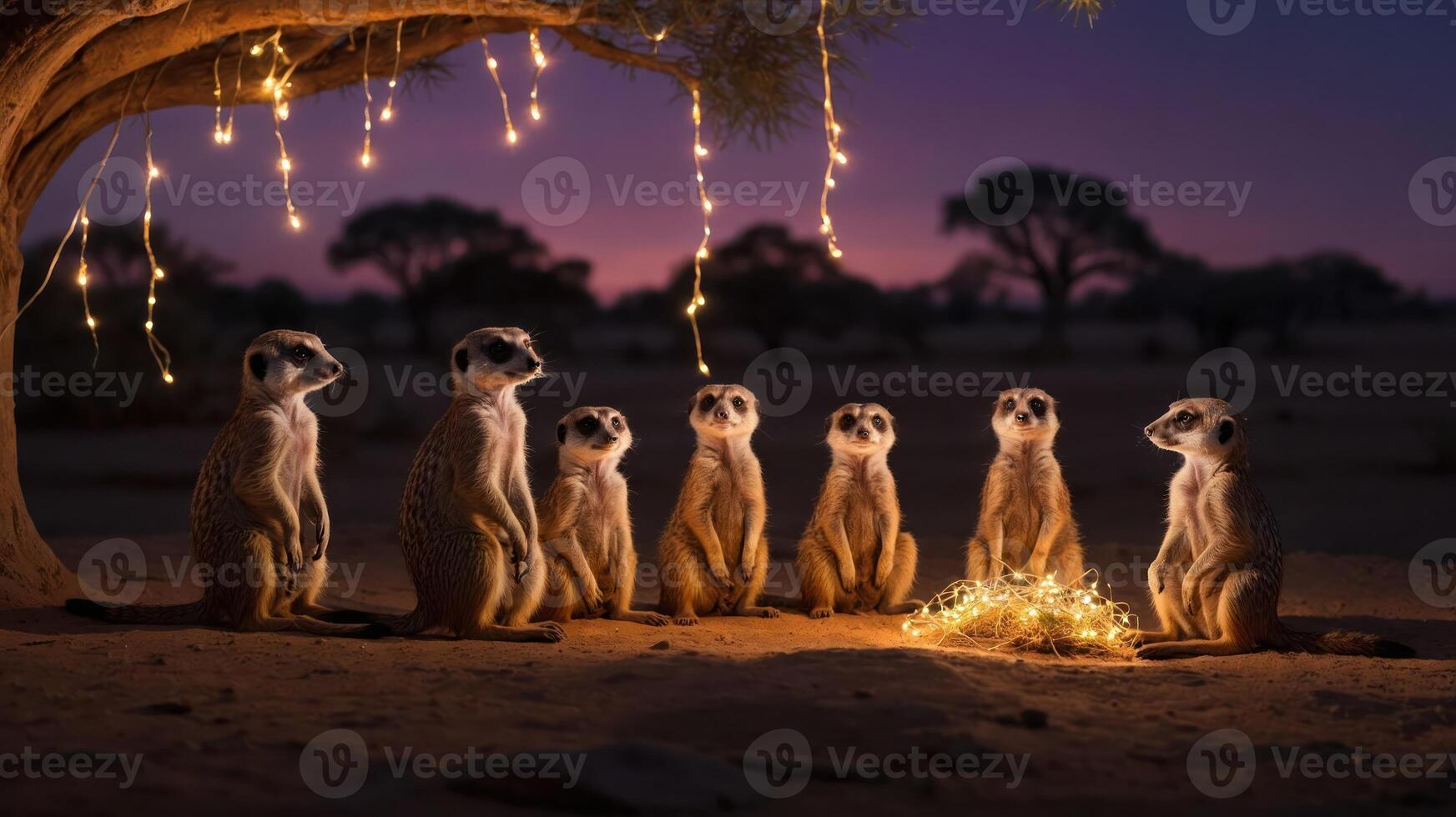A group of meerkats gathered around a glowing campfire under a tree at dusk. photo
