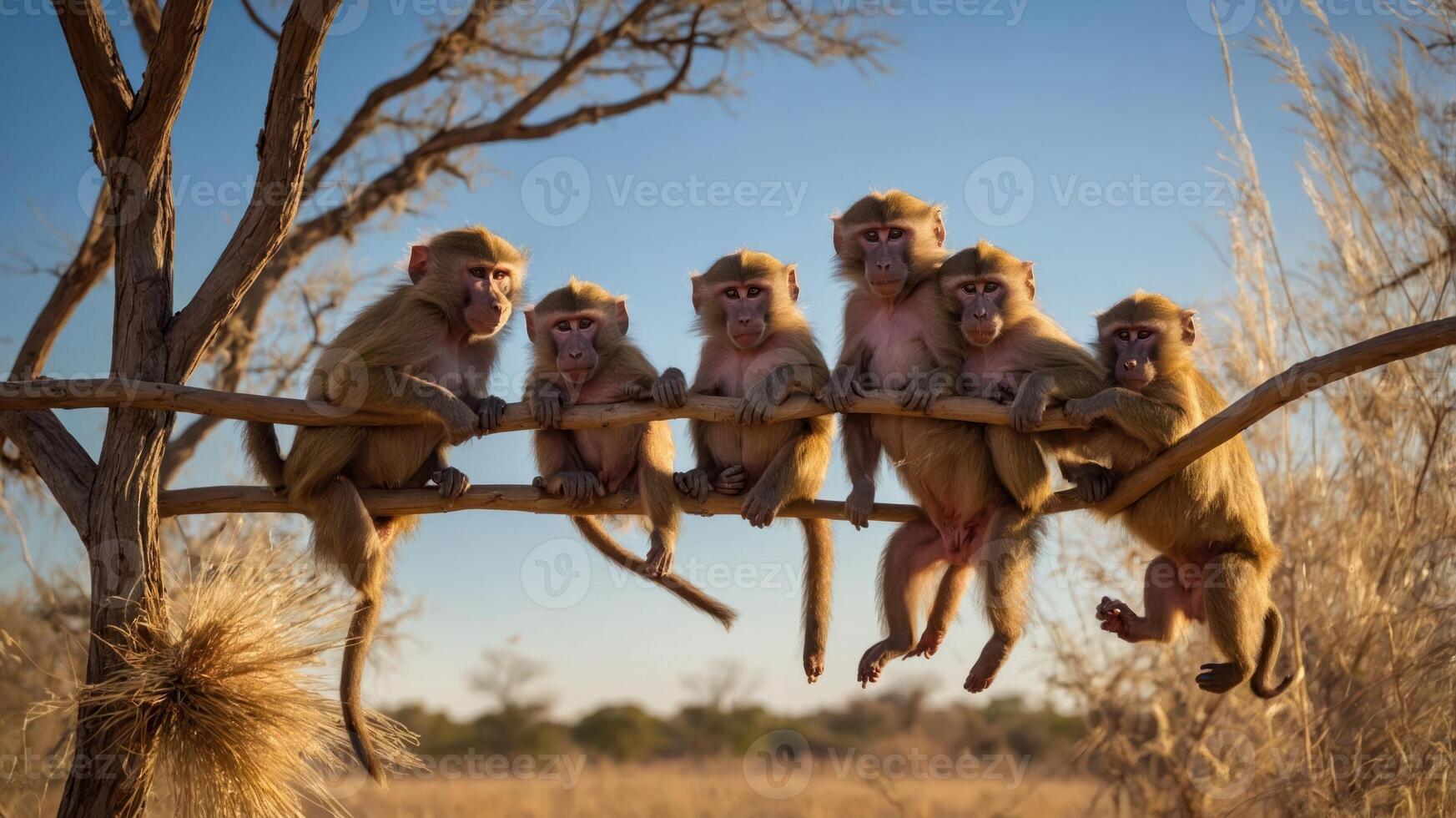 A group of six baboons sitting together on a branch in a natural setting. photo