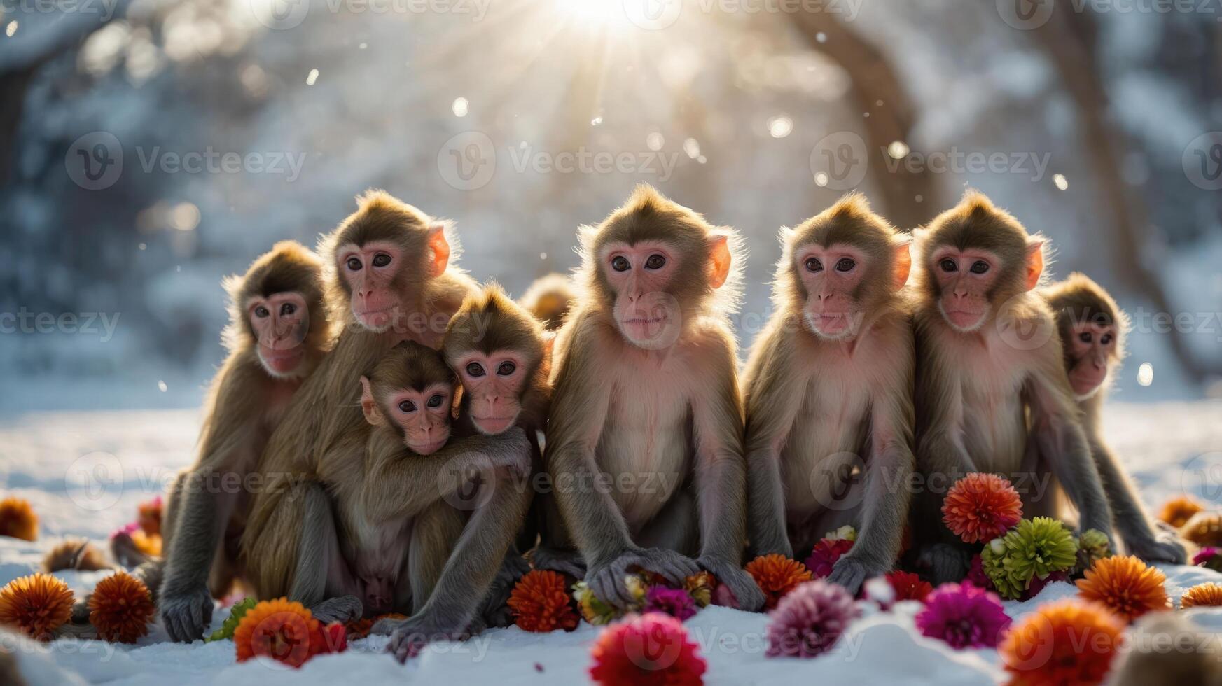 A group of monkeys sitting together on snow, surrounded by colorful flowers. photo