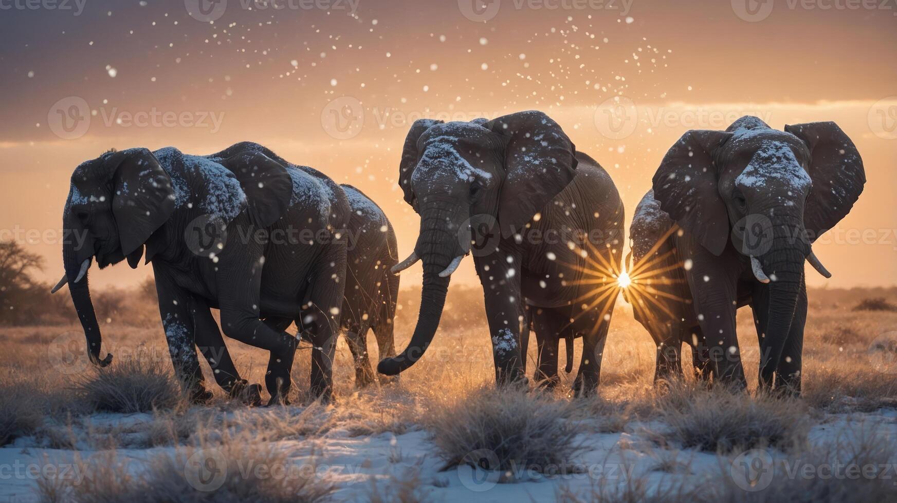 Elephants walking through a snowy landscape at sunset, creating a serene and majestic scene. photo