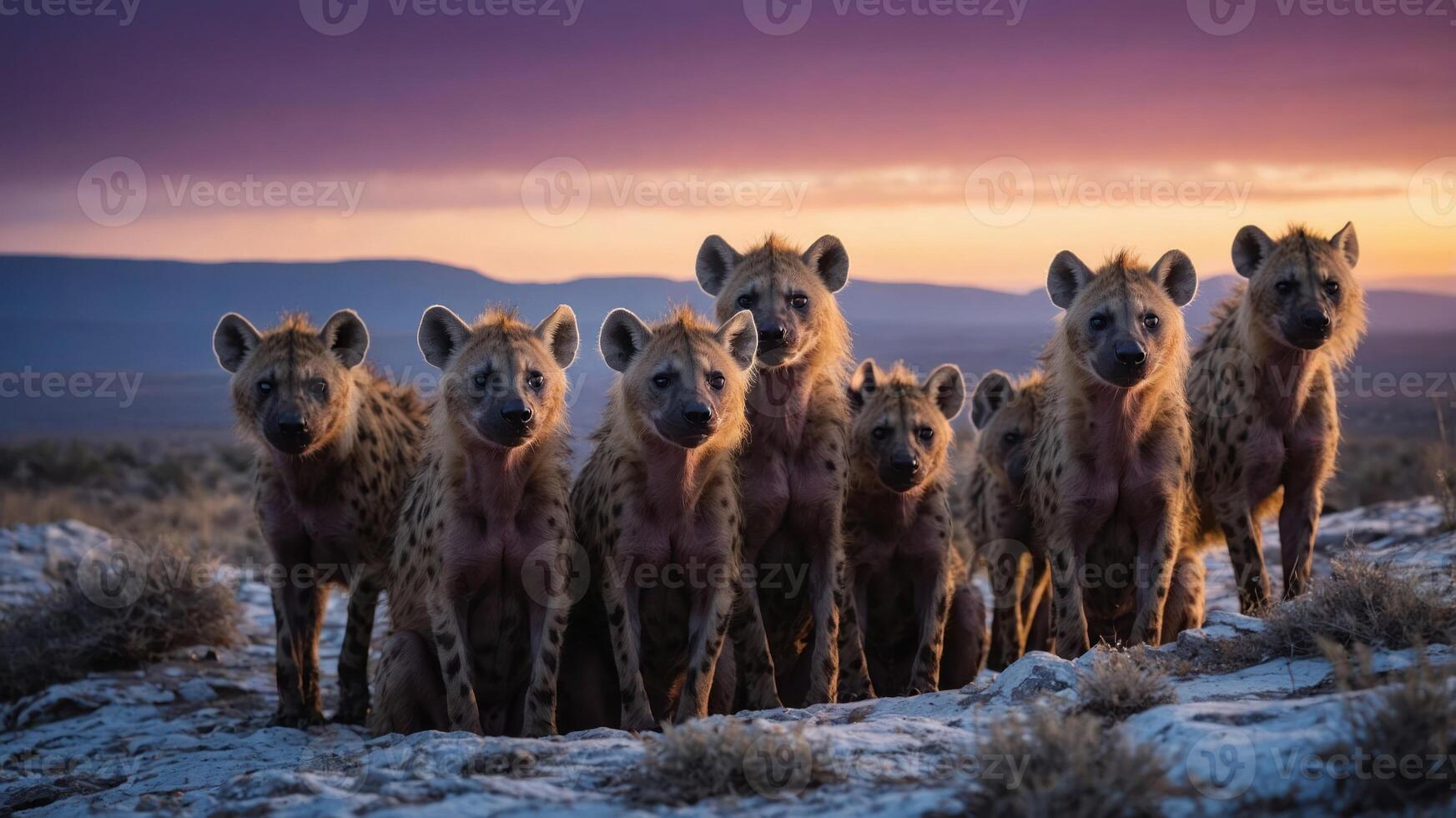 A group of hyenas gathered at sunset, showcasing their social behavior and natural habitat. photo