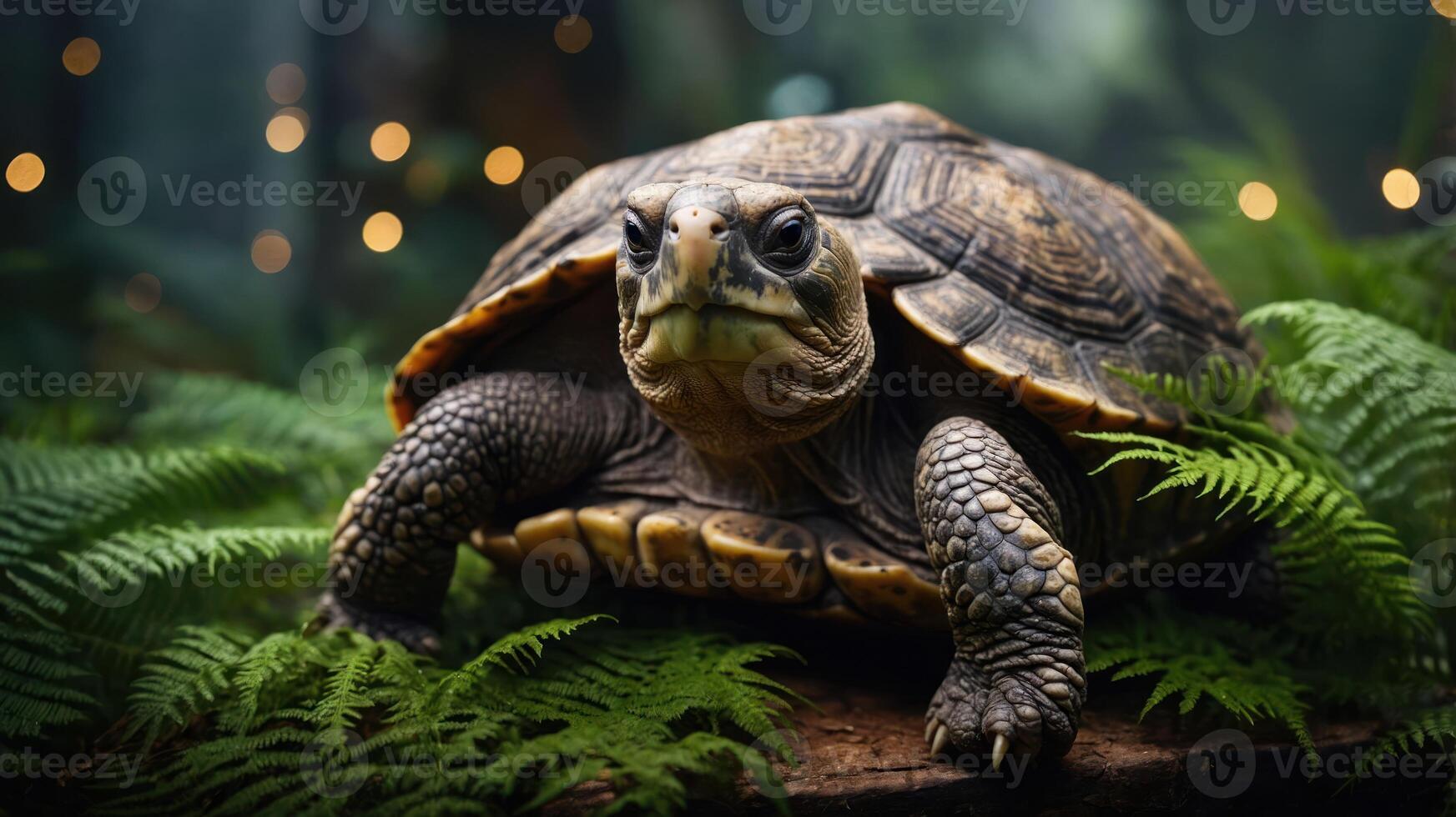 A close-up of a turtle resting among lush ferns in a serene, illuminated environment. photo