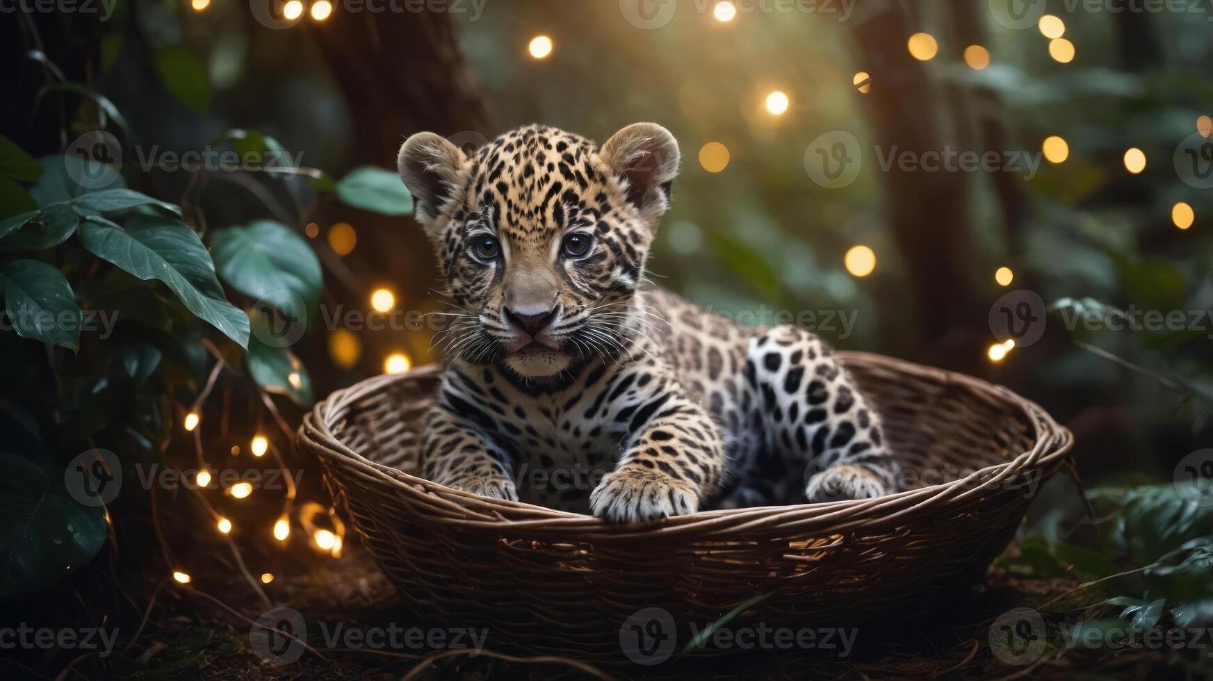 A playful leopard cub rests in a woven basket surrounded by soft, glowing lights. photo