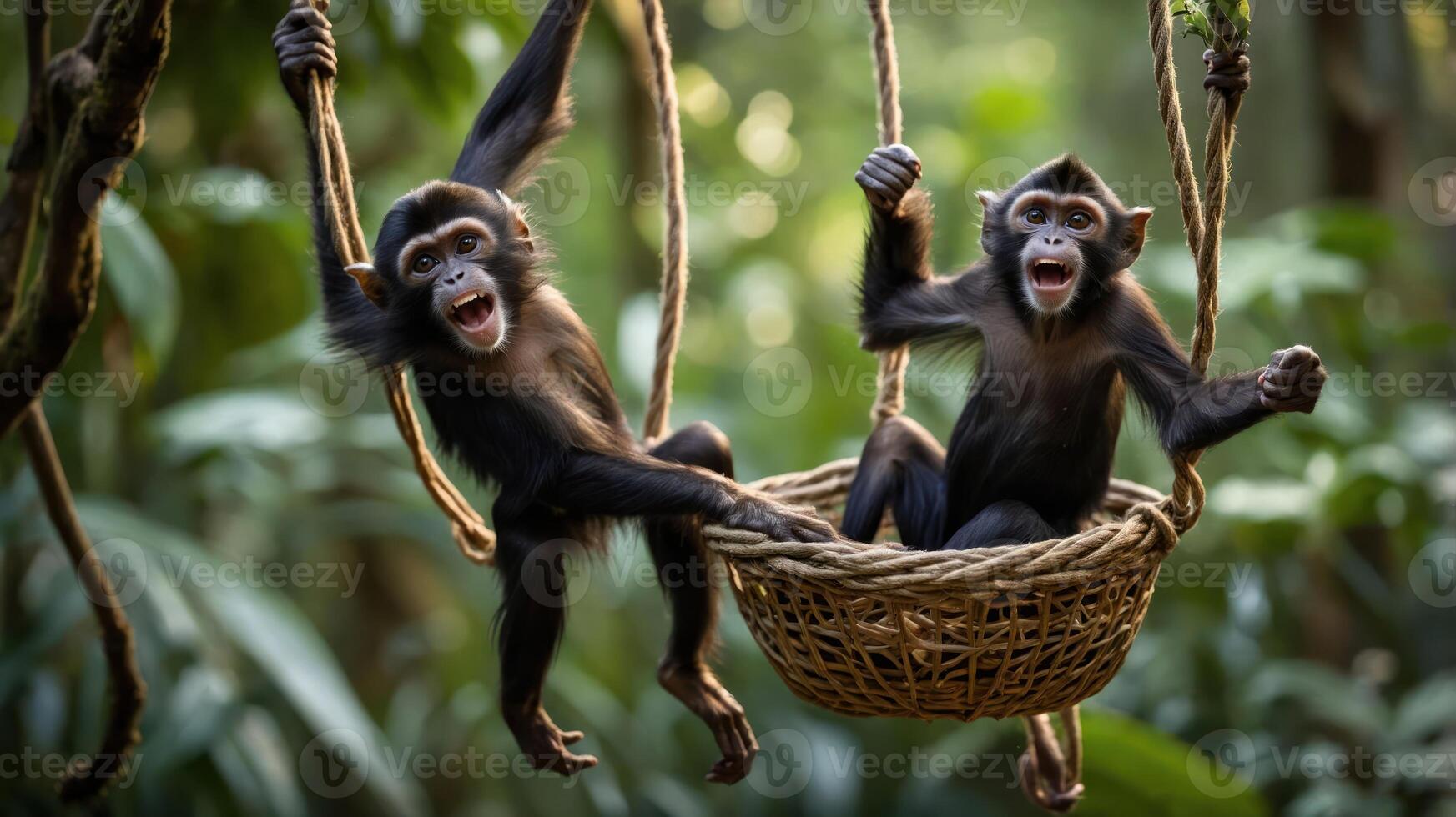 Two playful monkeys swinging in a woven basket amidst lush greenery. photo