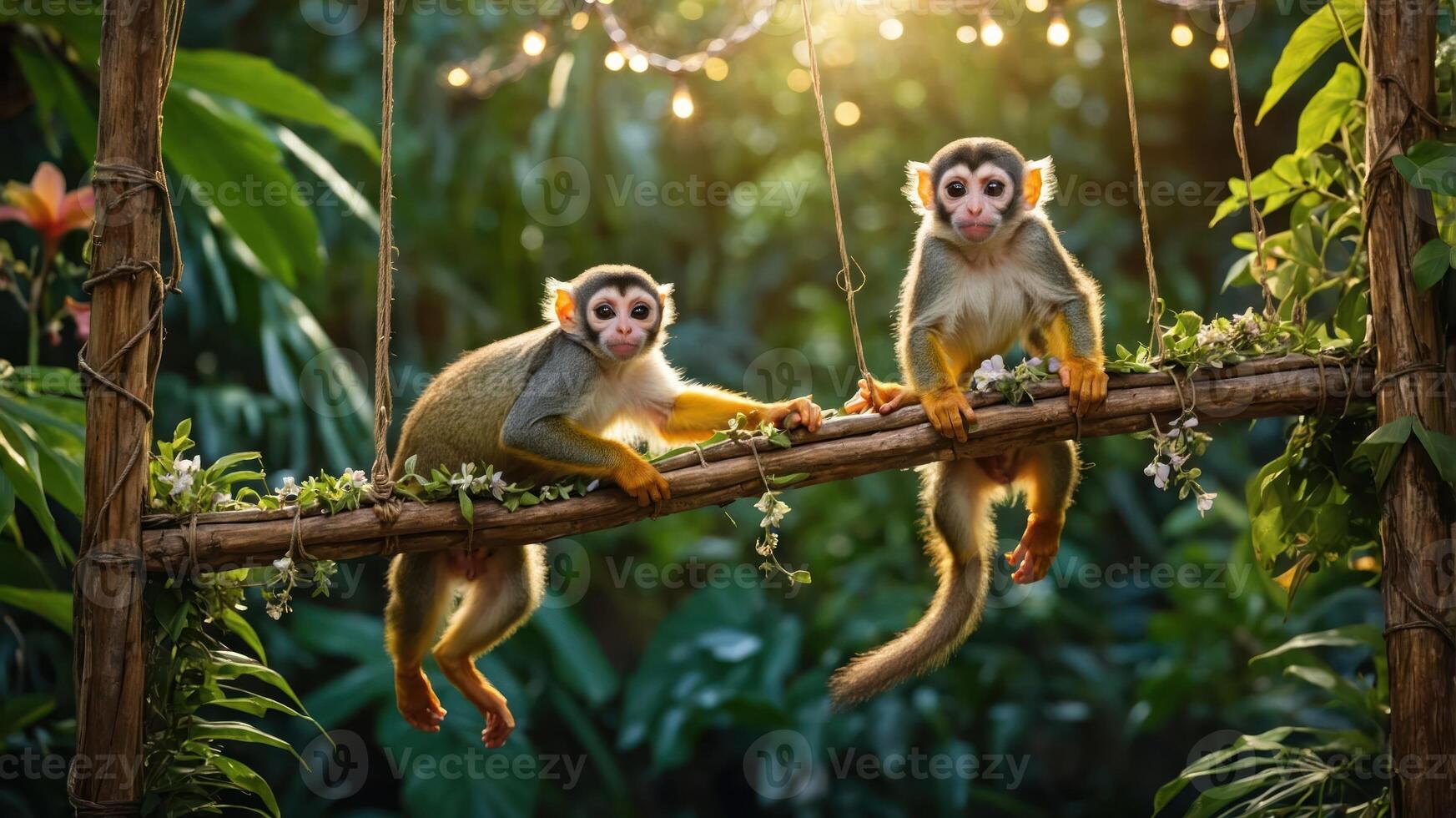 Two monkeys playfully hanging on a bamboo structure in a lush, green environment. photo