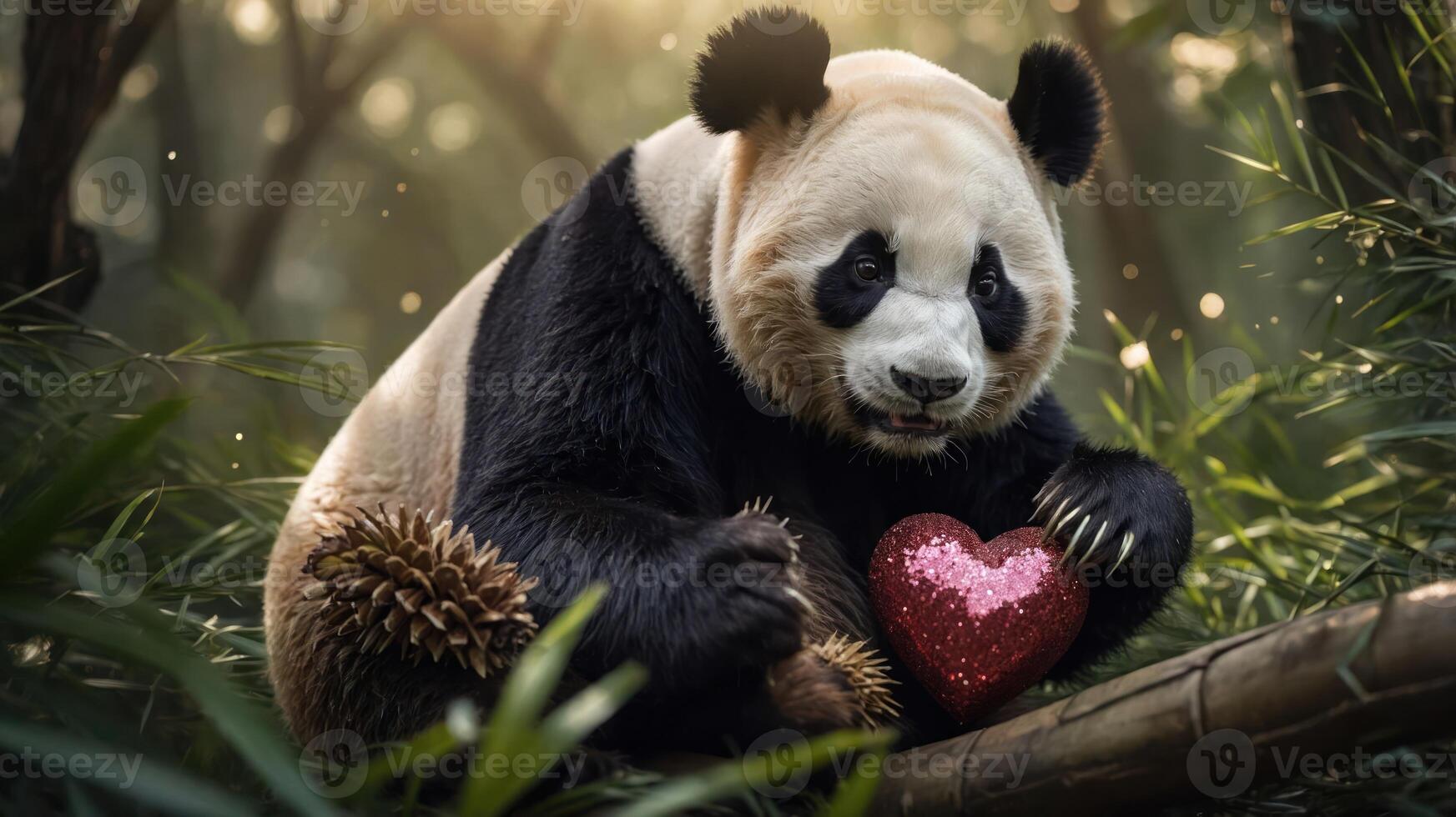 A panda holding a glittery heart in a lush, green forest setting. photo