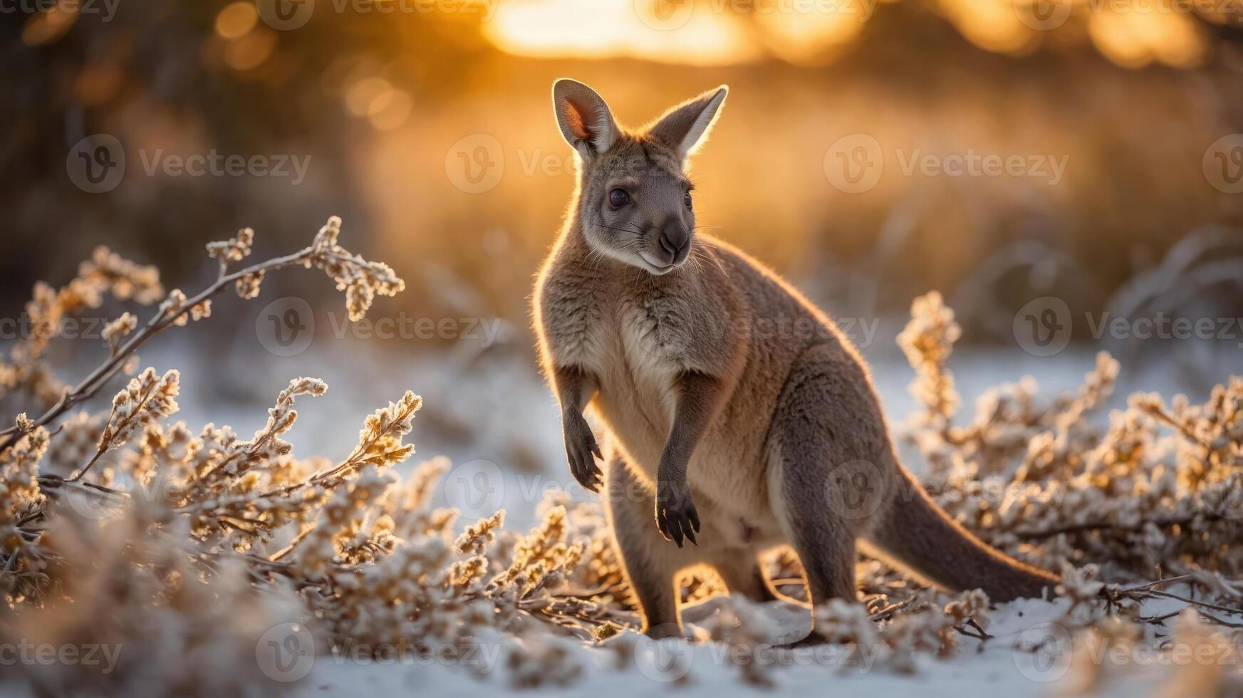 A kangaroo stands amidst a golden sunset, surrounded by soft vegetation. photo
