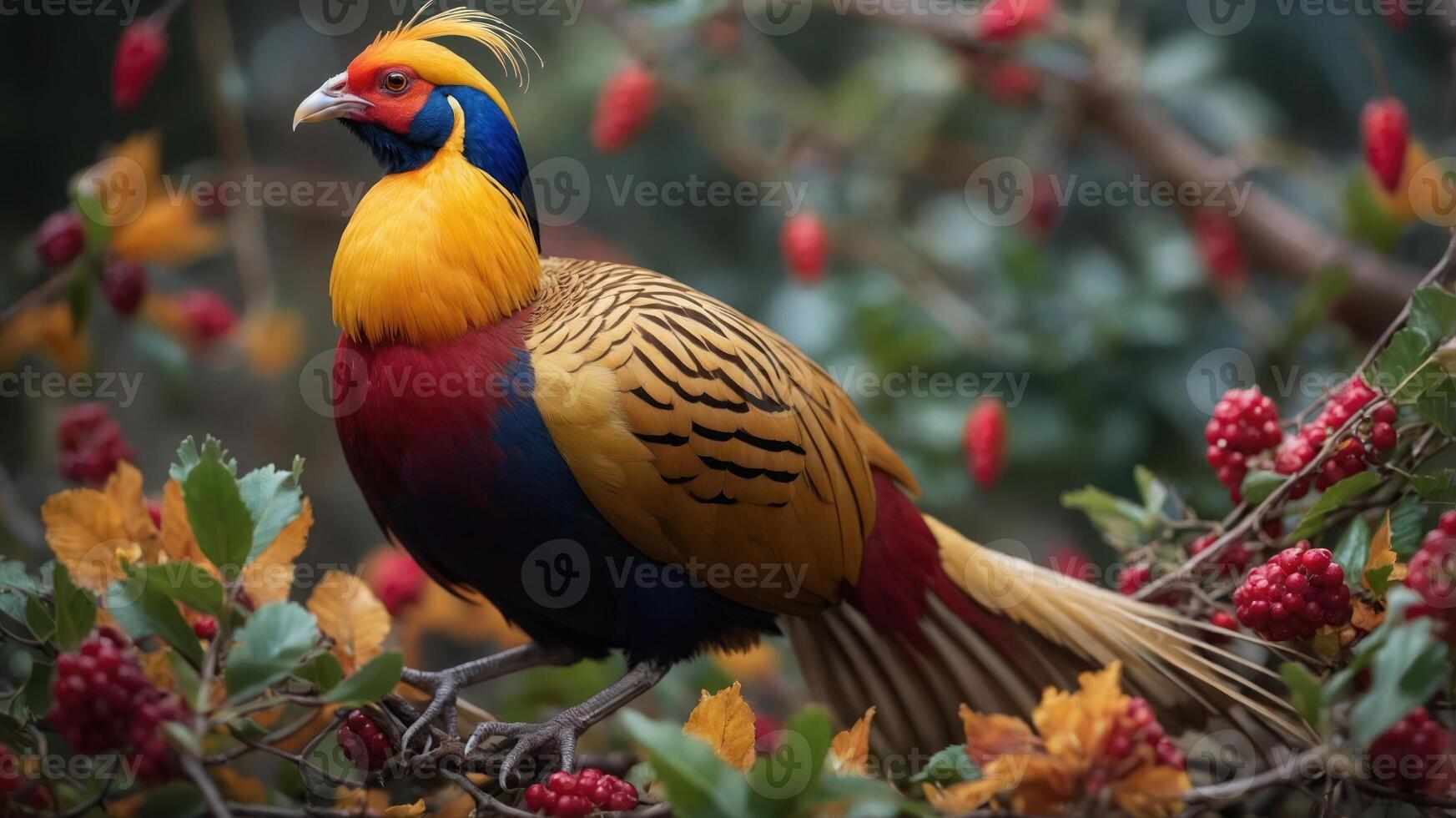 A vibrant golden pheasant perched among colorful foliage and berries. photo