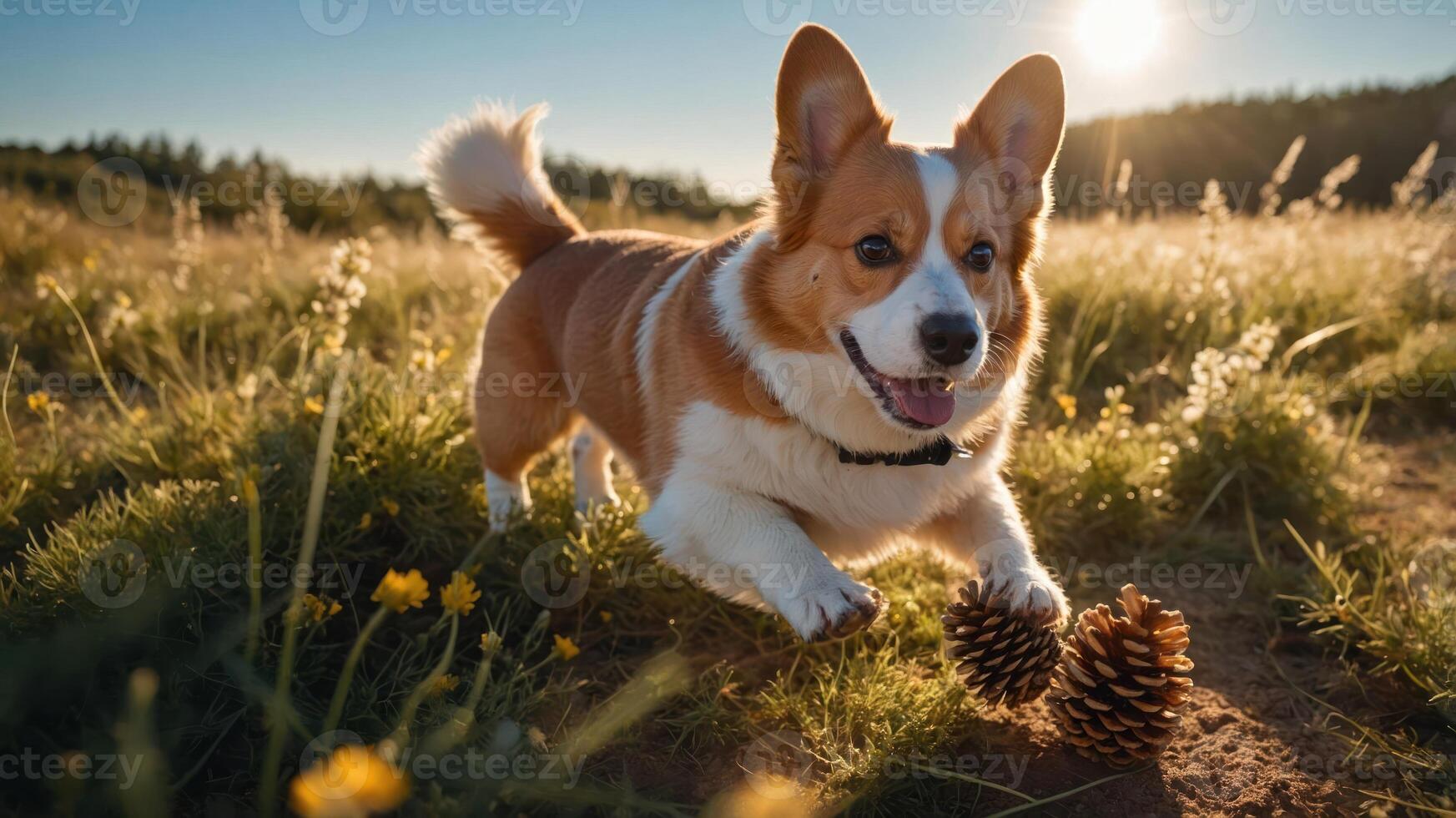 A playful corgi running in a sunny field with pine cones. photo