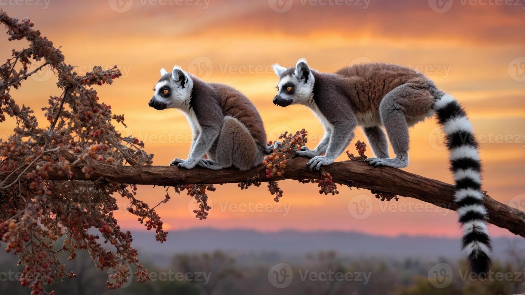 Two lemurs perched on a branch against a colorful sunset backdrop. photo