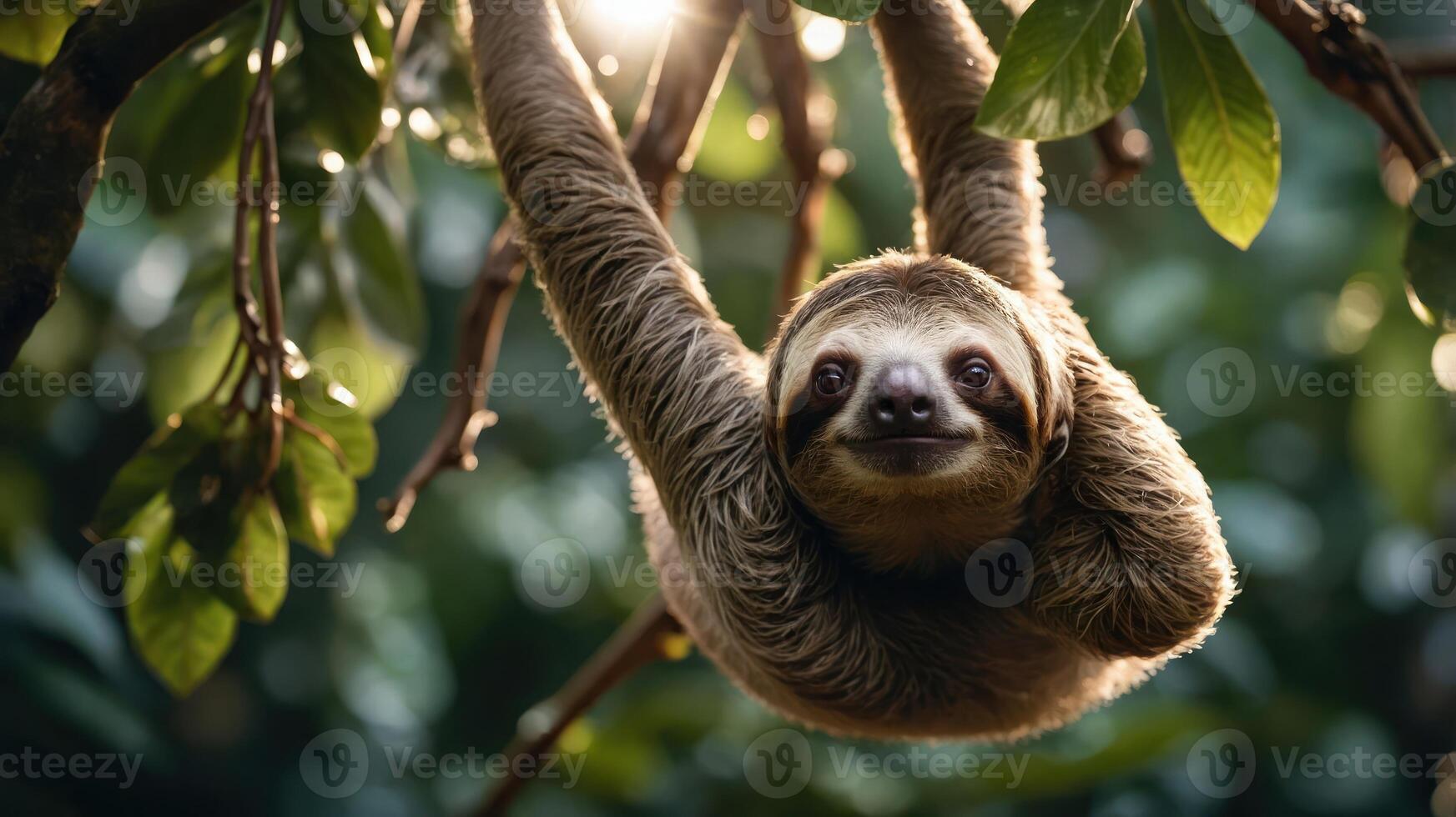 A sloth hanging from a branch, surrounded by lush green foliage. photo