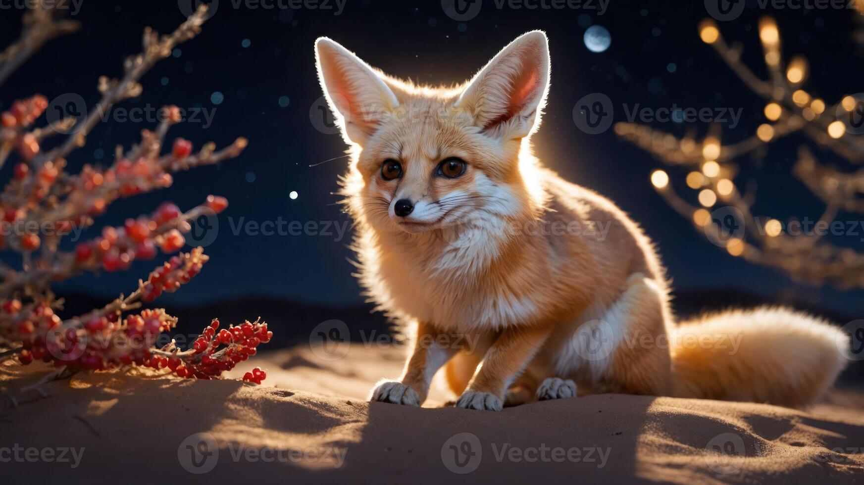 A fennec fox sits in a desert landscape under a starry sky, illuminated softly. photo