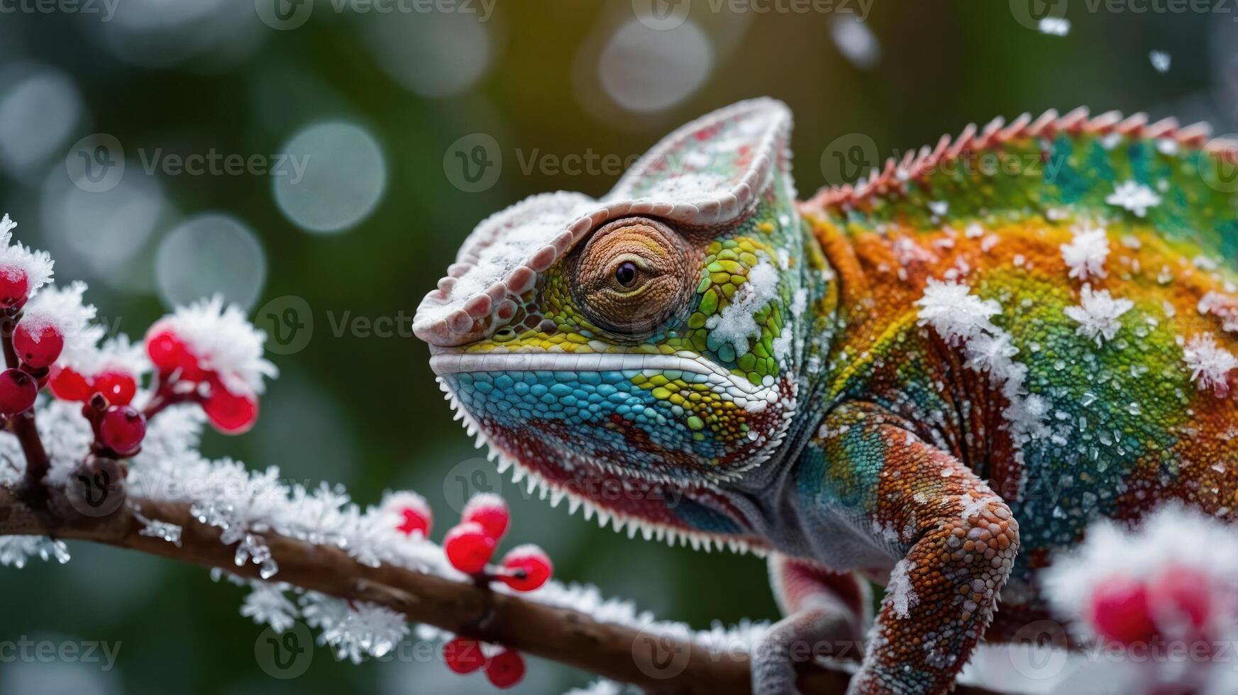 A vibrant chameleon covered in frost on a branch with red berries. photo