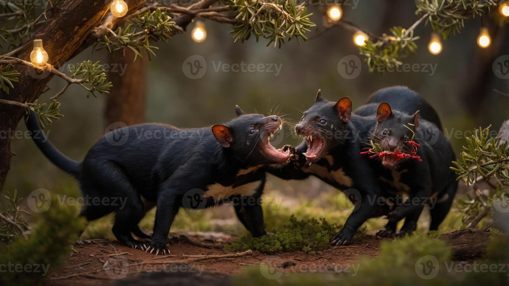 Three Tasmanian devils interacting under string lights in a natural setting. photo