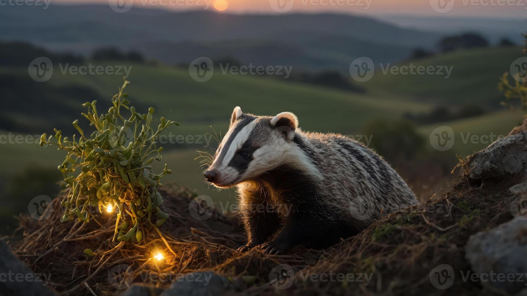A badger resting in a scenic landscape at sunset, surrounded by greenery and lights. photo