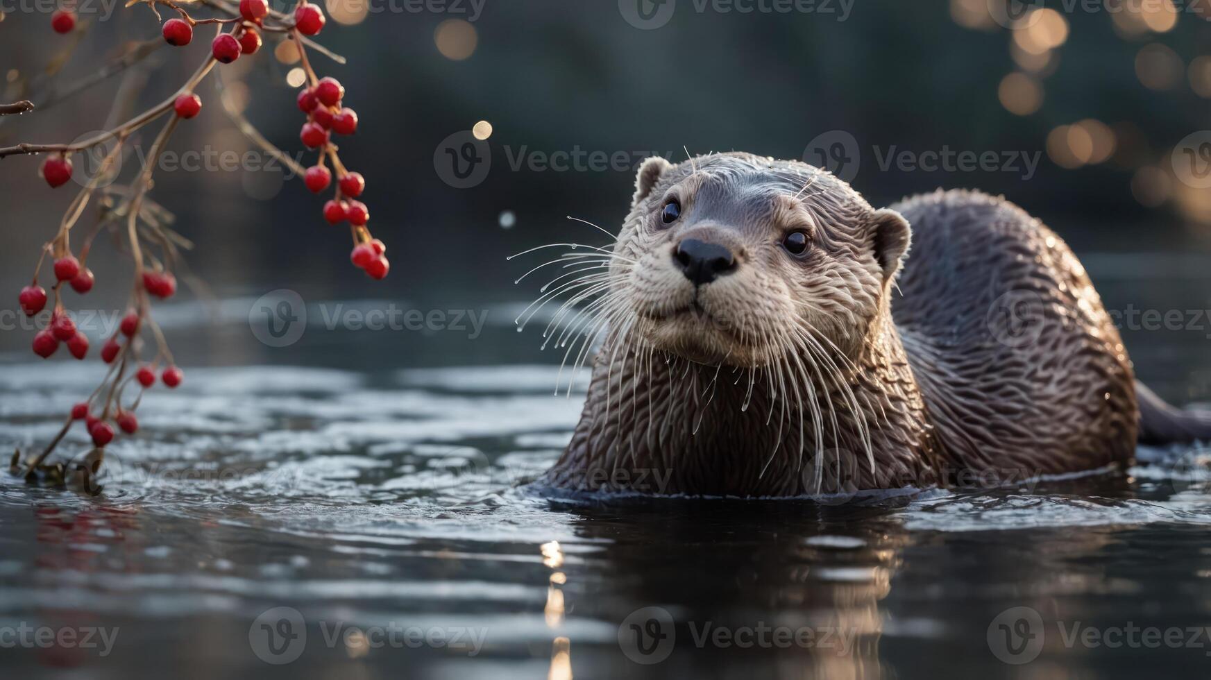 A playful otter emerges from the water, surrounded by nature and vibrant red berries. photo