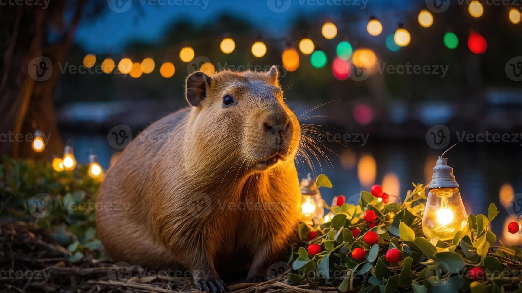 A capybara sits among festive lights and greenery by a waterway at dusk. photo