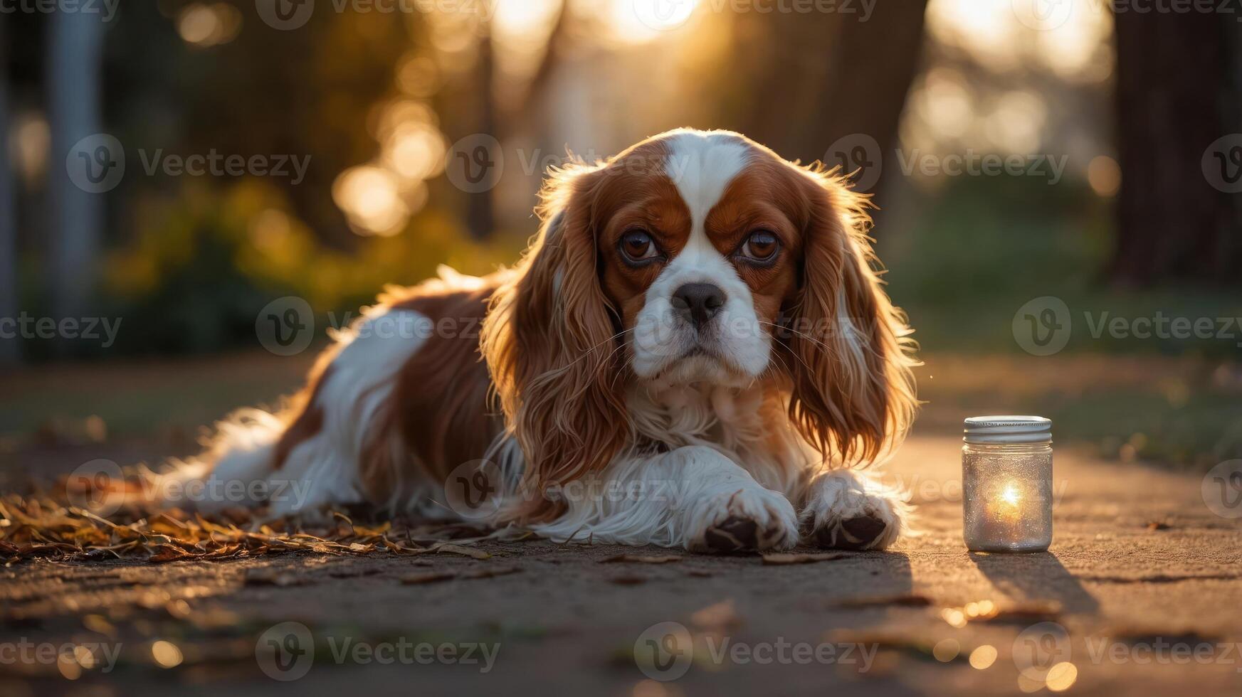 A dog resting beside a glowing candle at sunset in a serene outdoor setting. photo