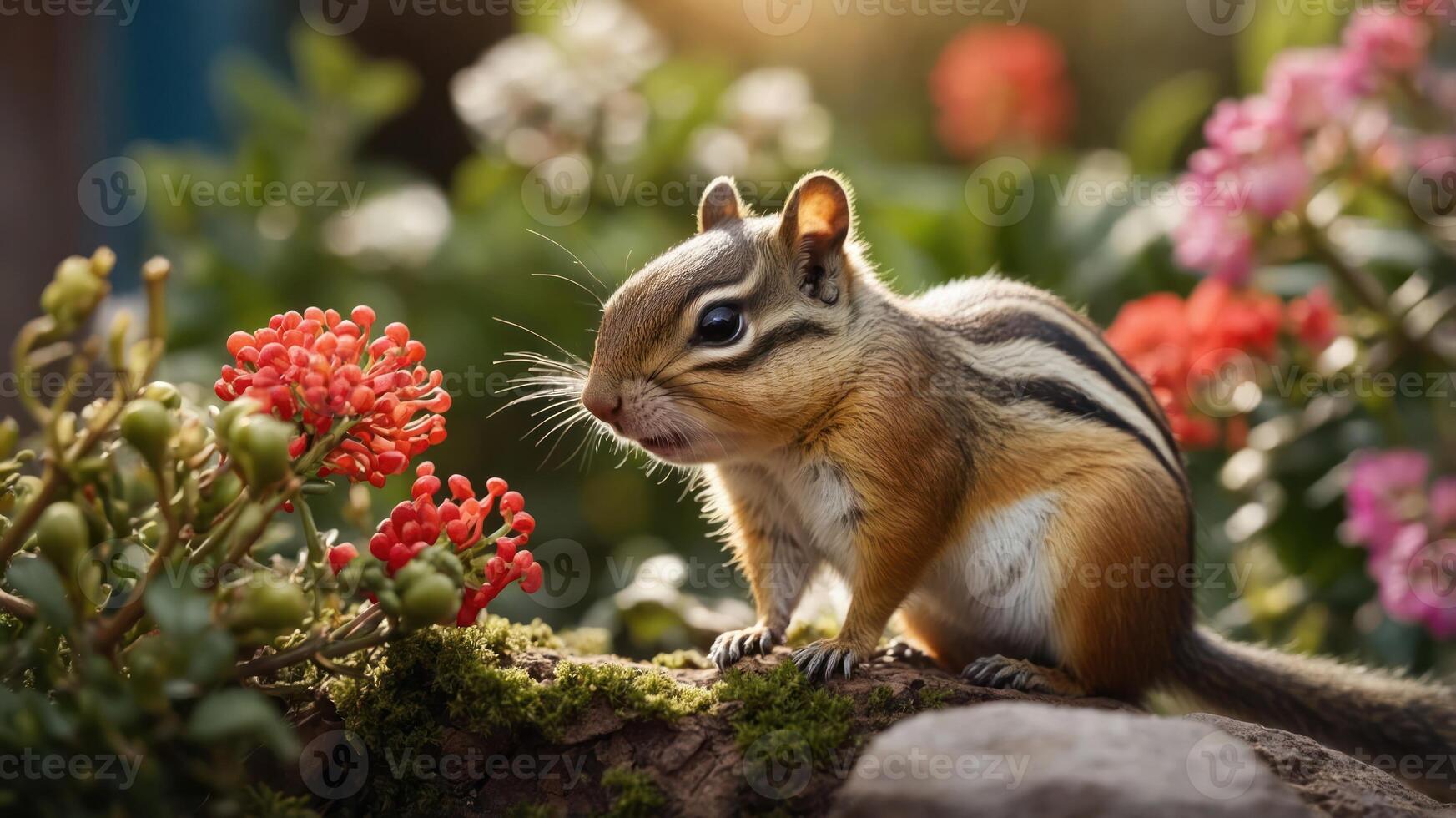A chipmunk sitting among colorful flowers in a natural setting. photo