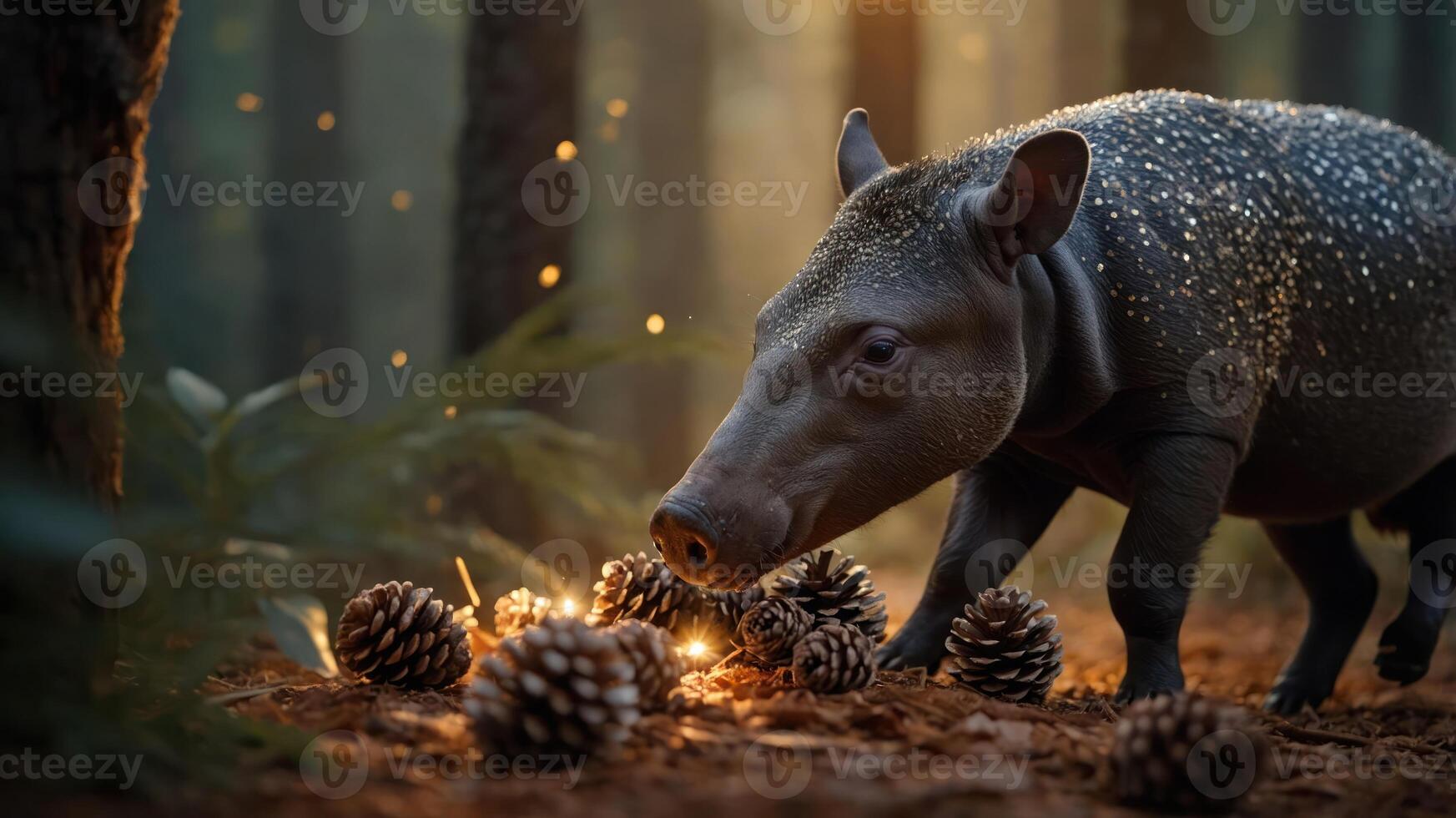 A tapir exploring a forest floor scattered with pinecones, illuminated by soft light. photo