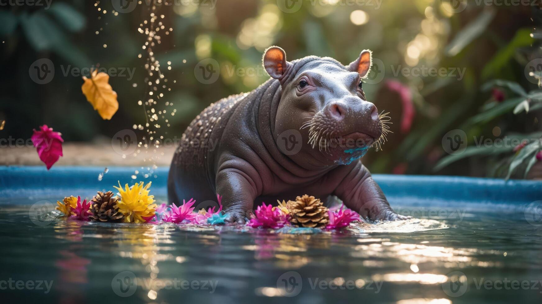 A hippo in a pool surrounded by flowers and pinecones, enjoying a serene moment. photo