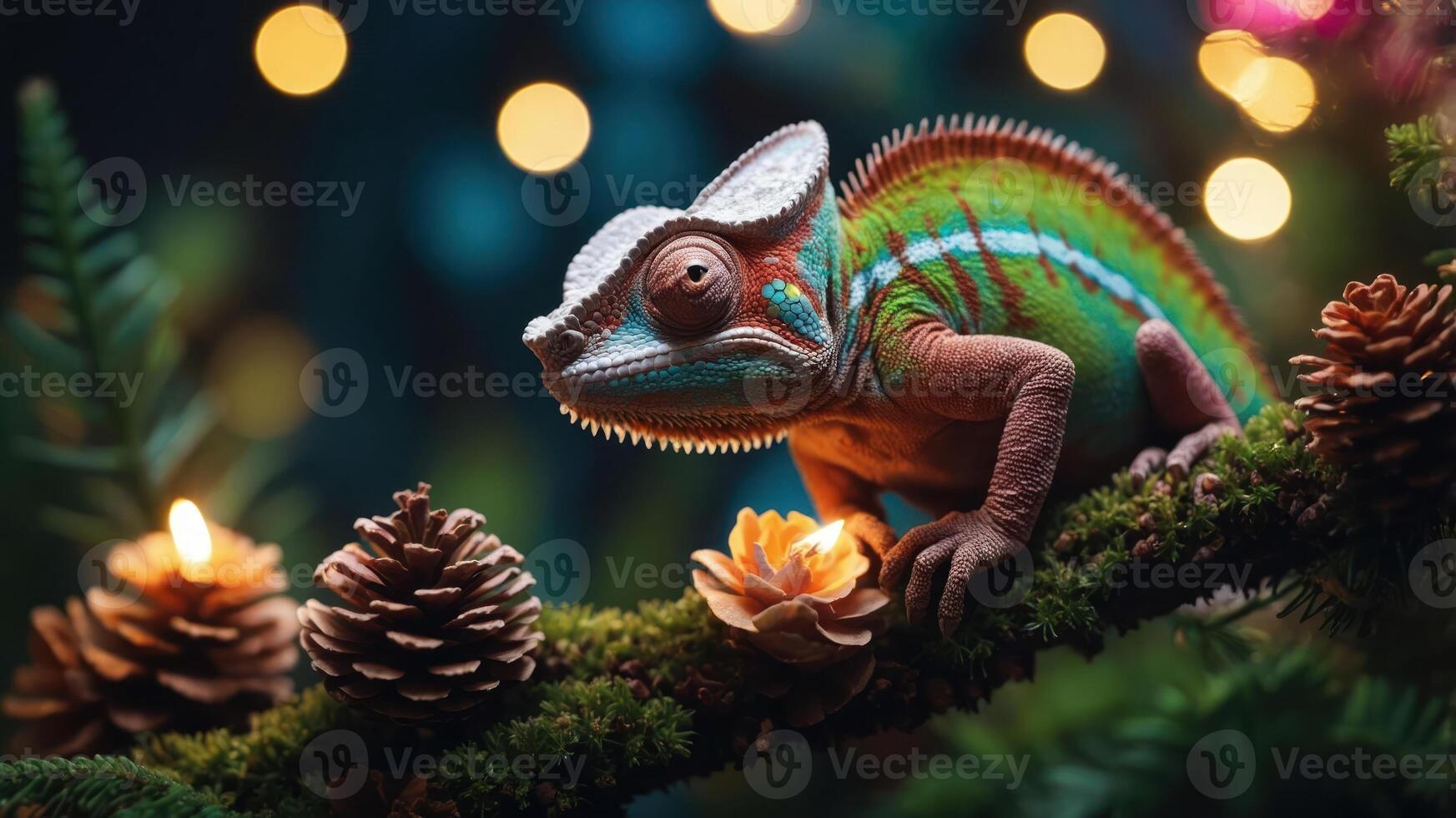 A colorful chameleon on a branch surrounded by pinecones and flowers, illuminated by soft lights. photo