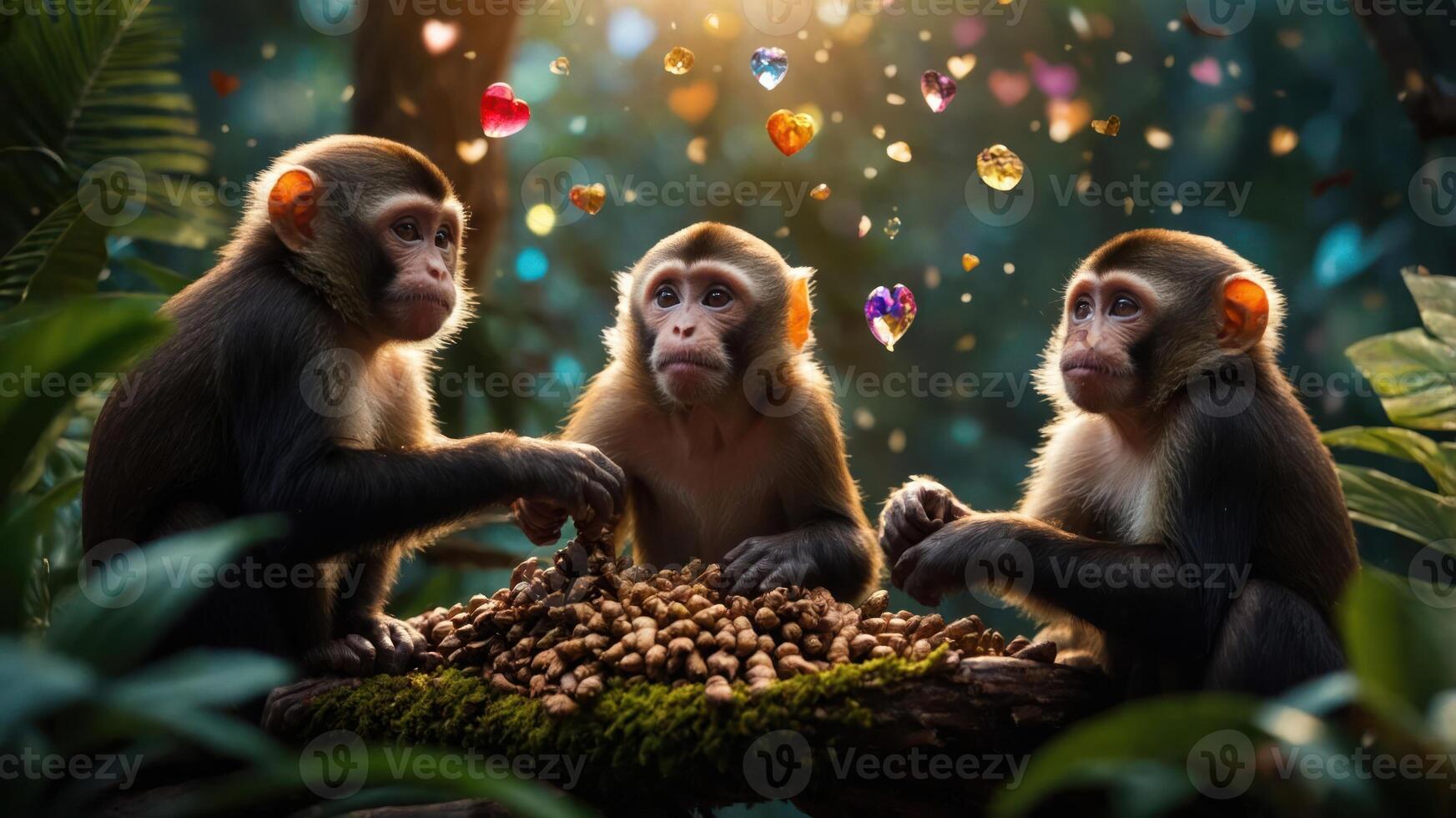 Three monkeys gathered around a pile of peanuts in a vibrant, whimsical jungle setting. photo