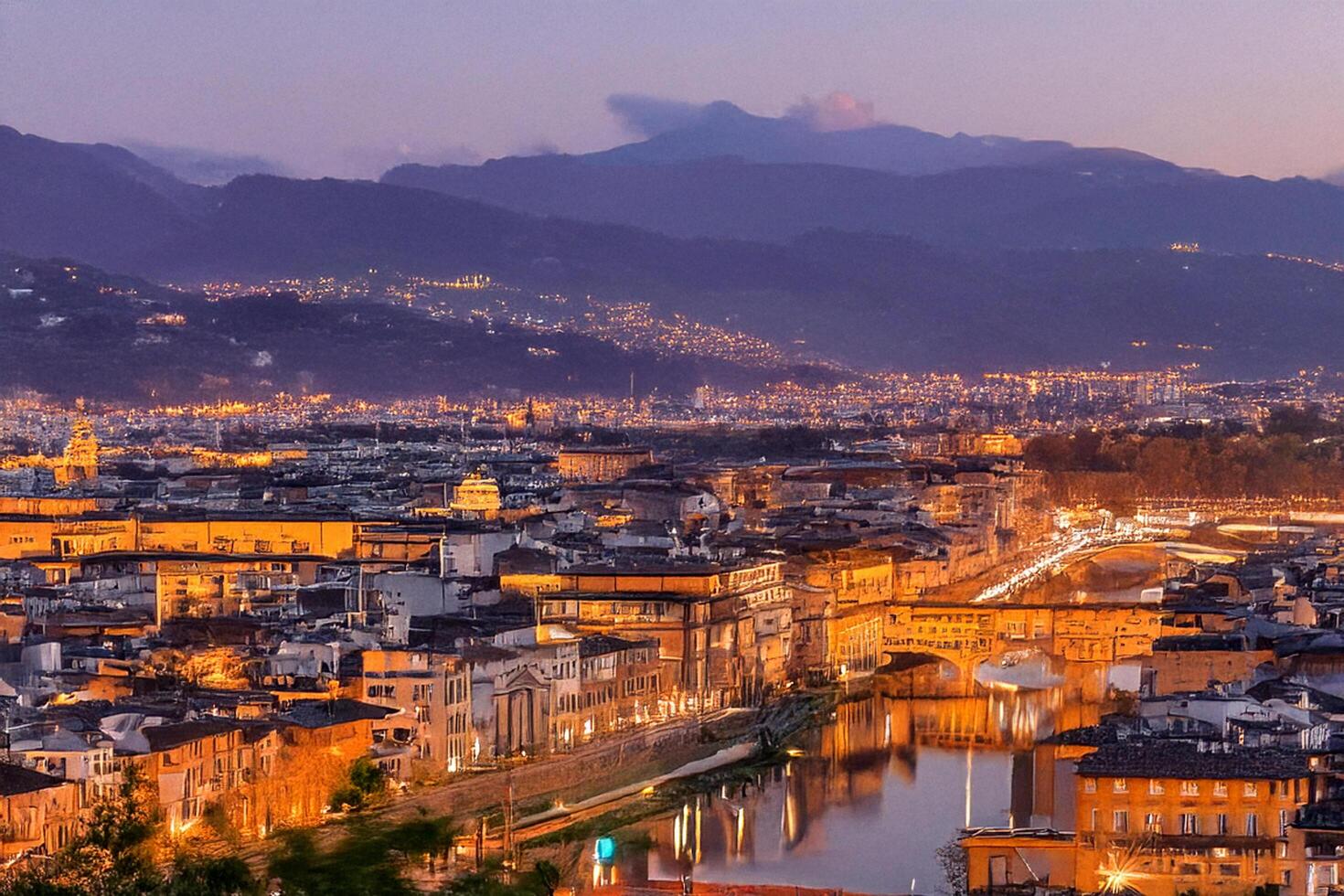 Night view of Florence, Ponte Vecchio, river, mountains, tourism photo