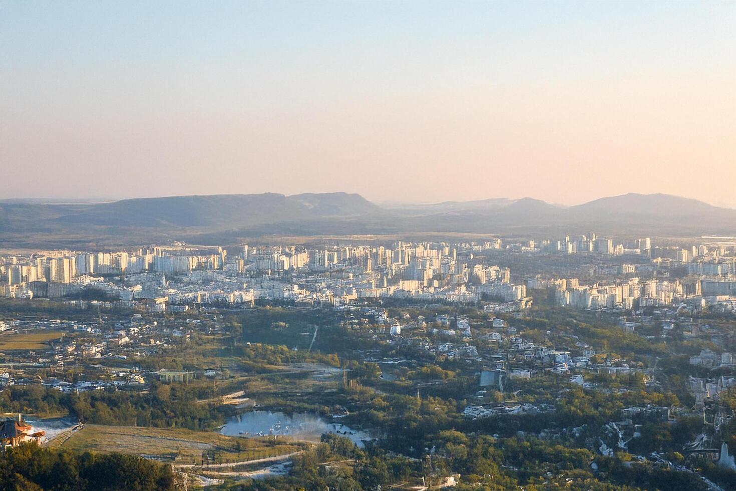 Panoramic Cityscape Sunset View, Mountains Background photo