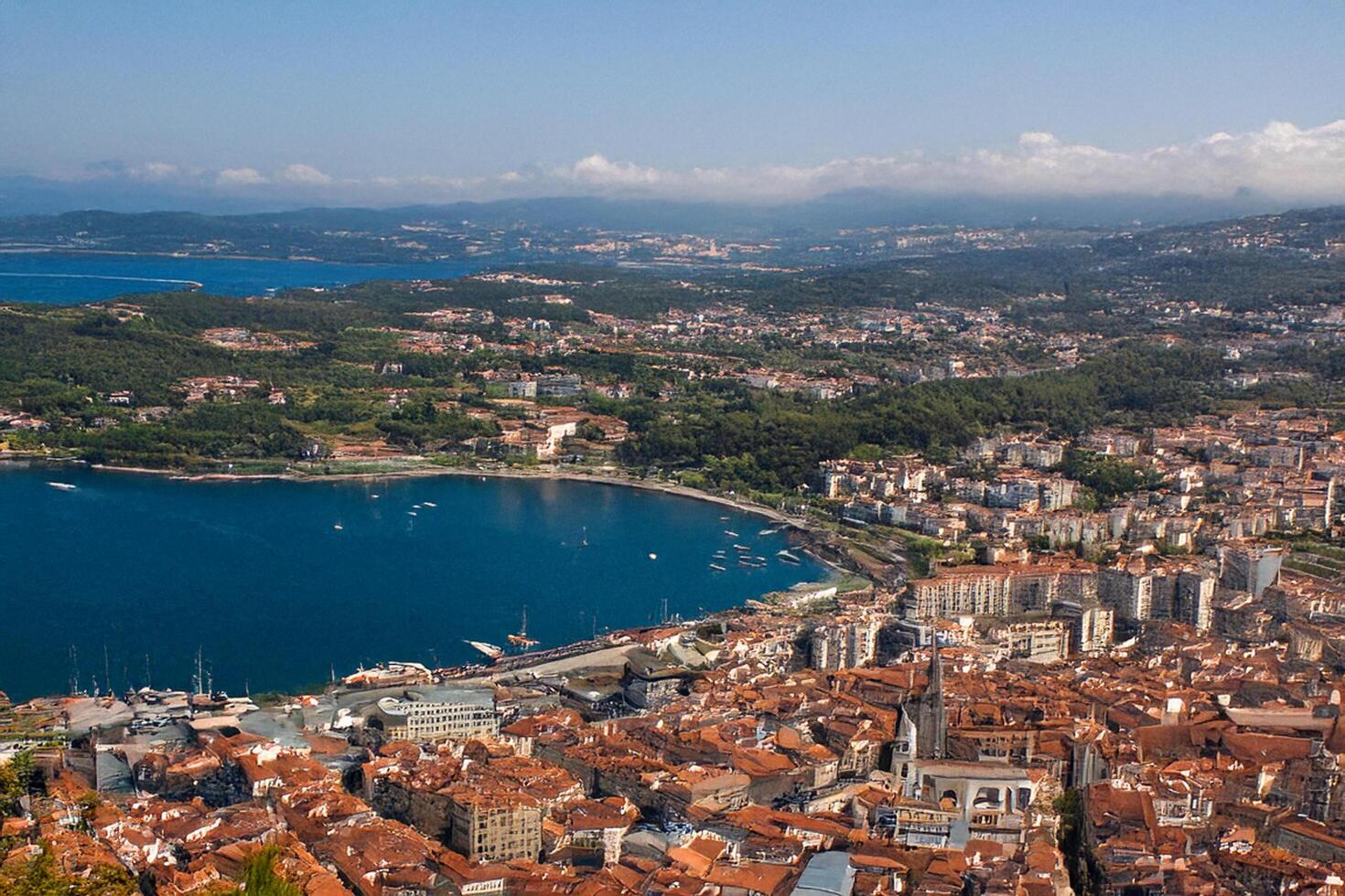 Coastal city aerial view, harbor, mountains, summer photo