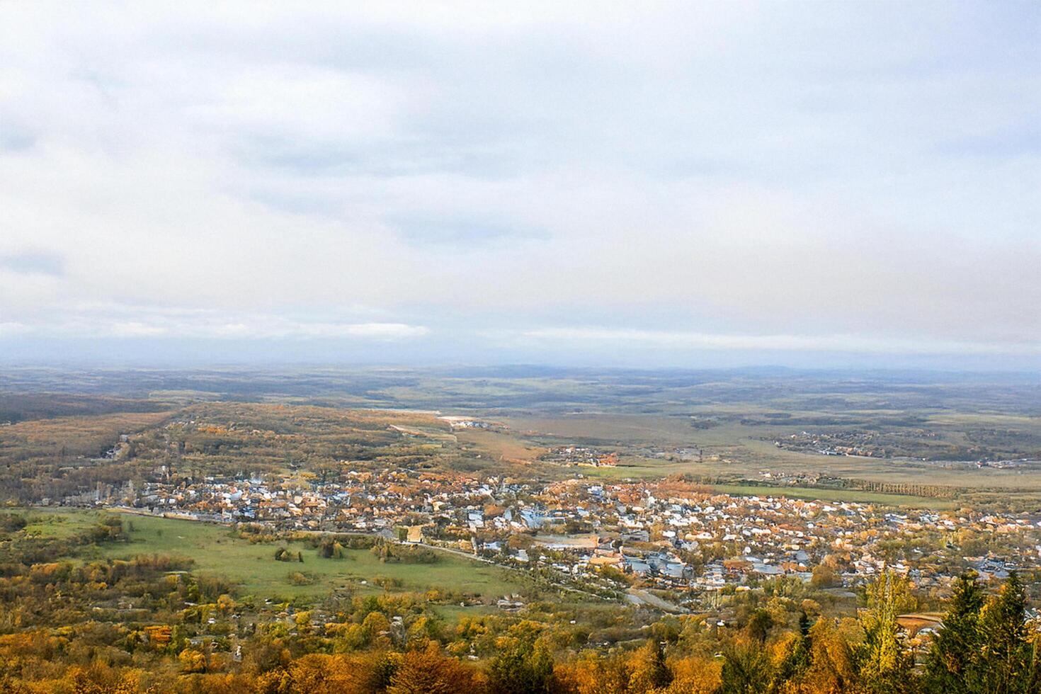 Autumnal village aerial view, valley landscape, travel photo
