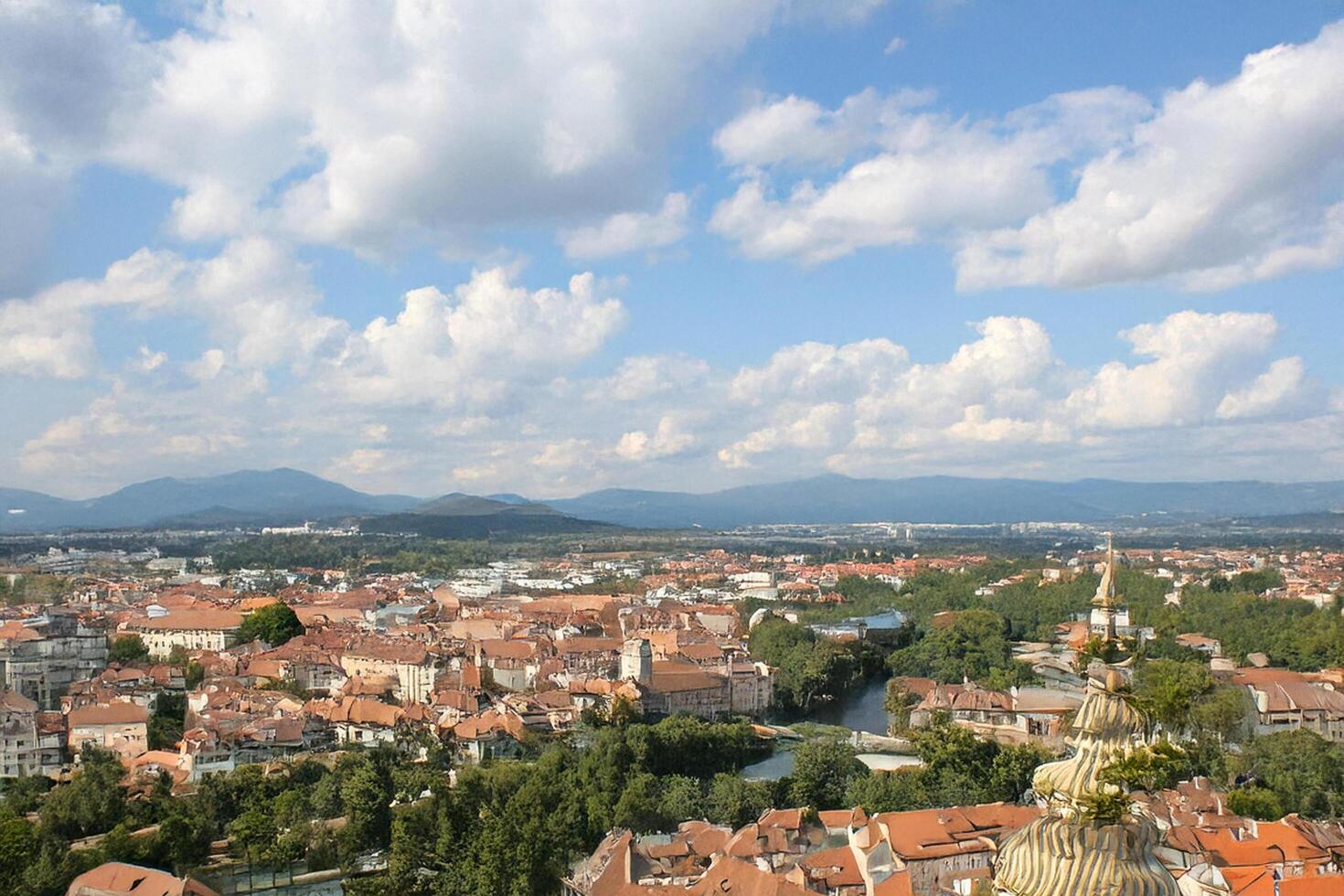 Cityscape, River, Mountains, Summer, Panoramic, View, Aerial, Clouds photo