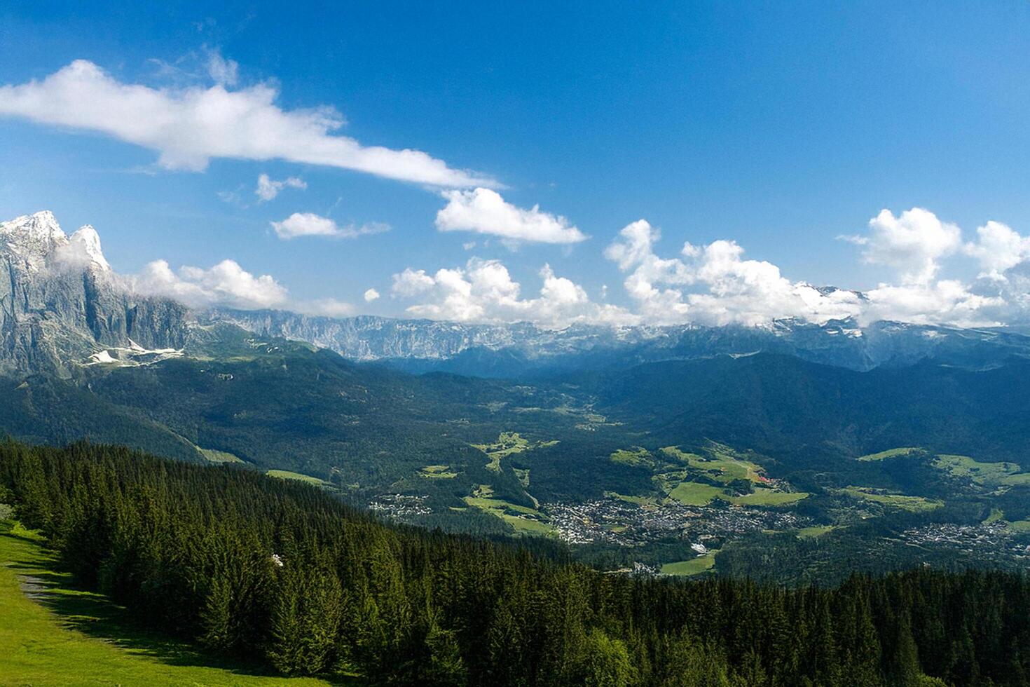 Mountaintop panorama Alpine valley view, summer clouds photo