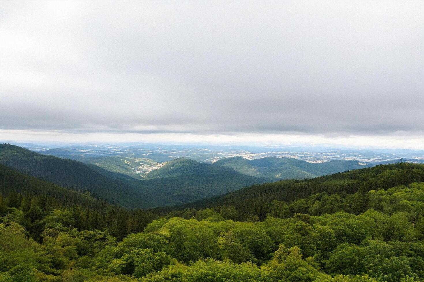 Mountaintop panoramic view, valley, overcast sky, distant city, nature travel photo
