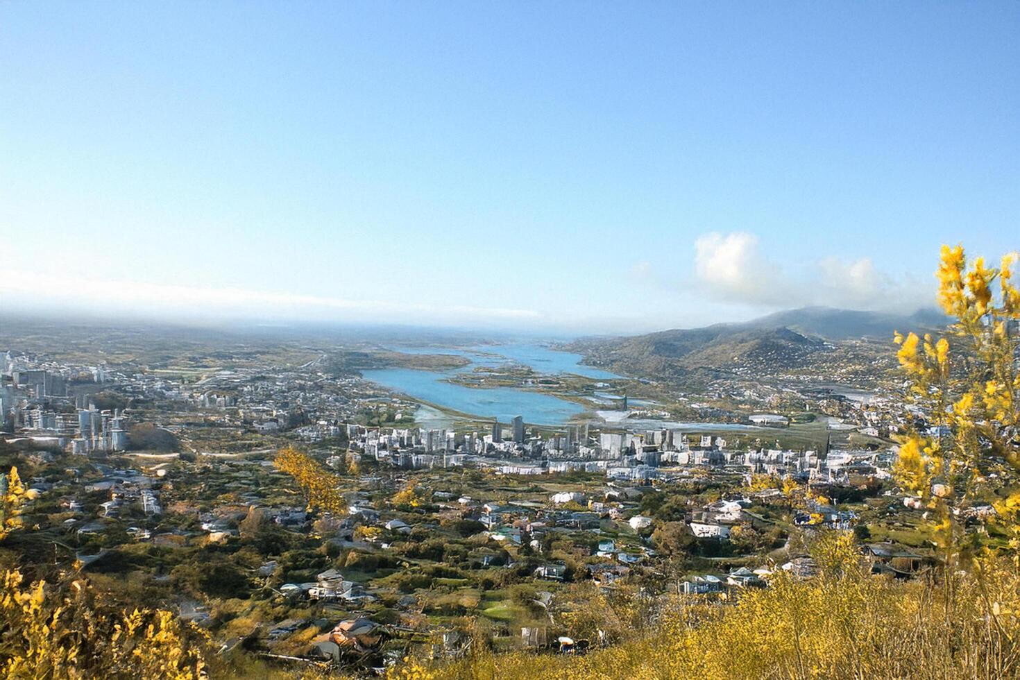 Coastal city panorama hillside view, autumn foliage, clear sky photo