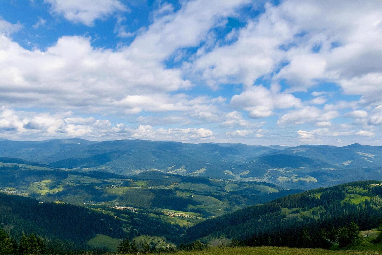 Mountain panorama, summer sky, valley view, idyllic landscape, travel poster photo