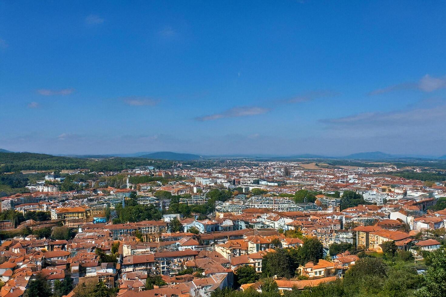 Aerial view of city skyline, hills, blue sky photo
