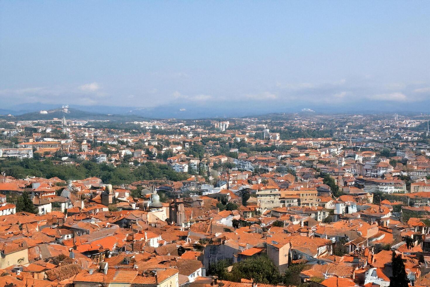 Aerial view Cityscape, red roofs, mountains, summer photo