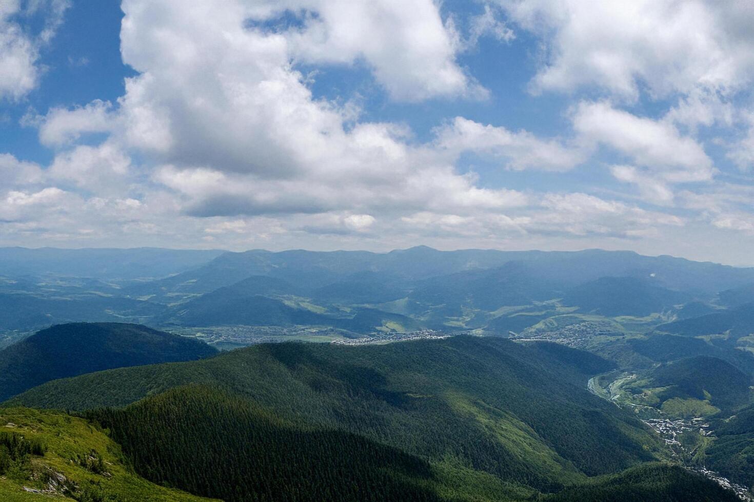 Mountain panorama valley view, summer cloudscape, scenic landscape photo