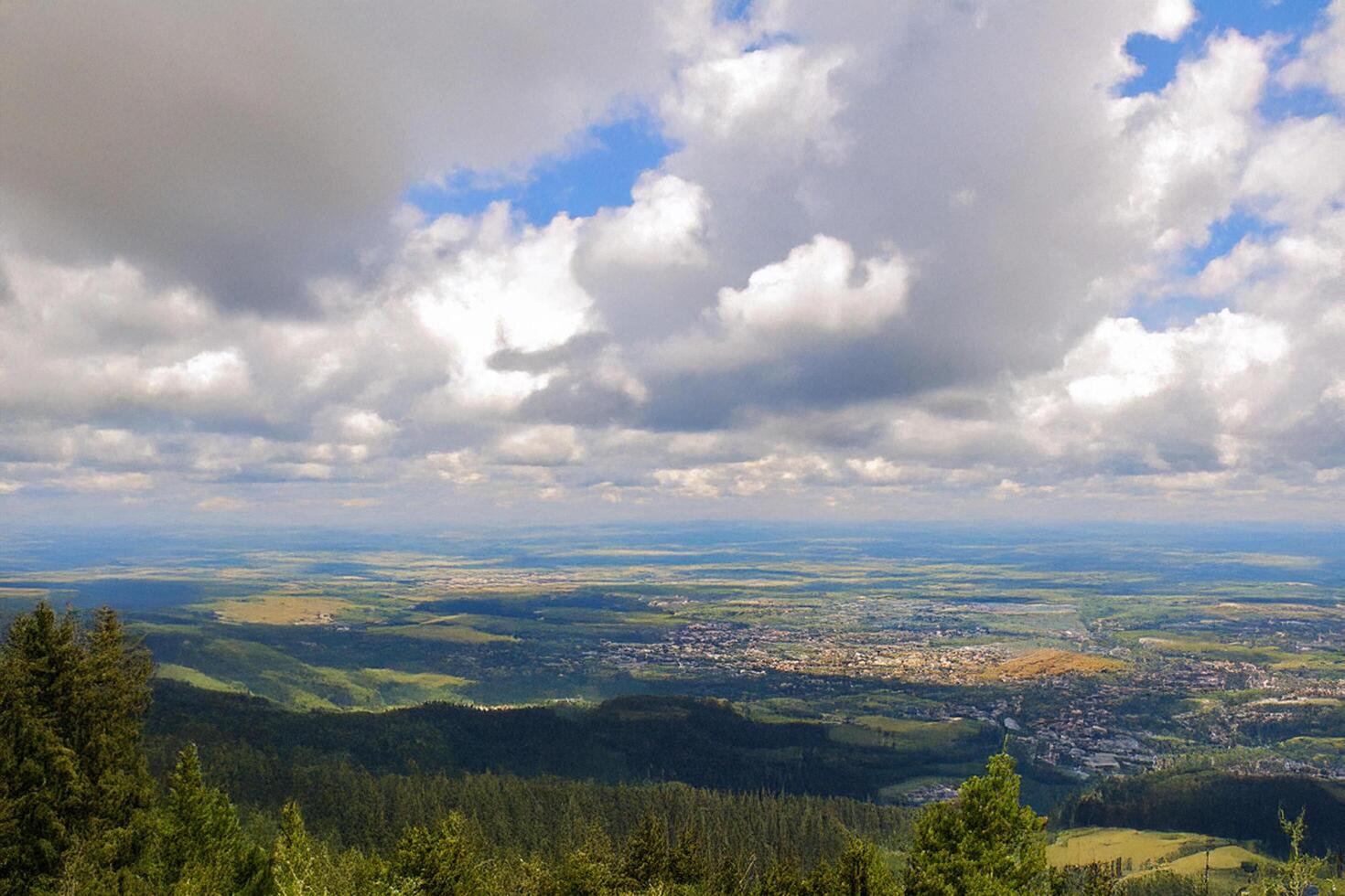 Mountaintop view Cityscape, forest, cloudscape, panoramic landscape, travel photography photo