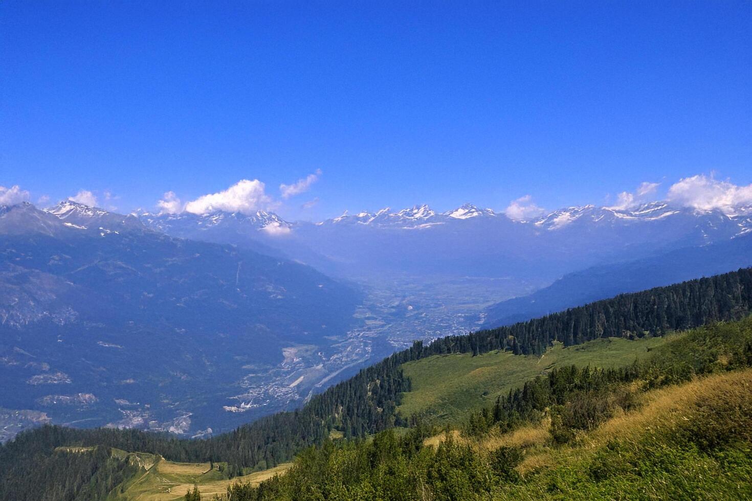 Mountain valley vista, summer sky, alpine panorama, hiking tourism photo